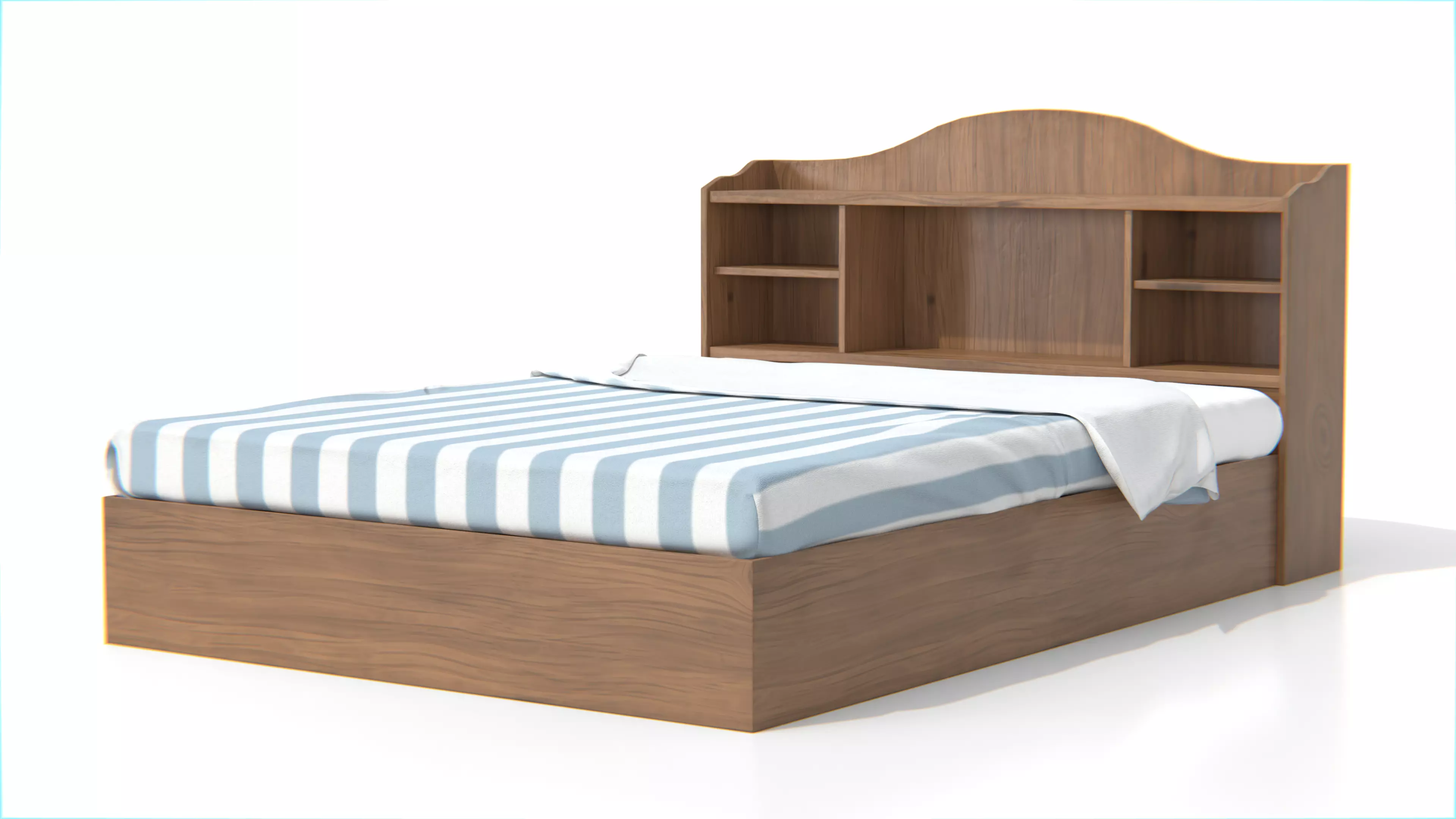 Wooden Bed with Bookshelf Headboard 3D model_0