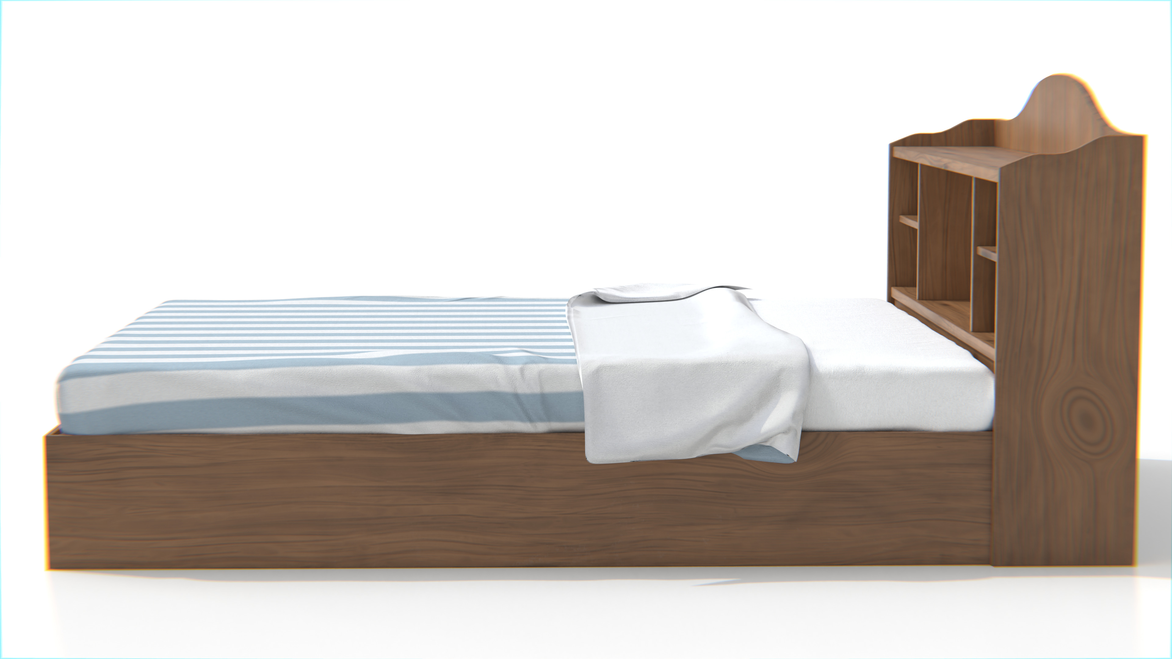 Wooden Bed with Bookshelf Headboard 3D model_3
