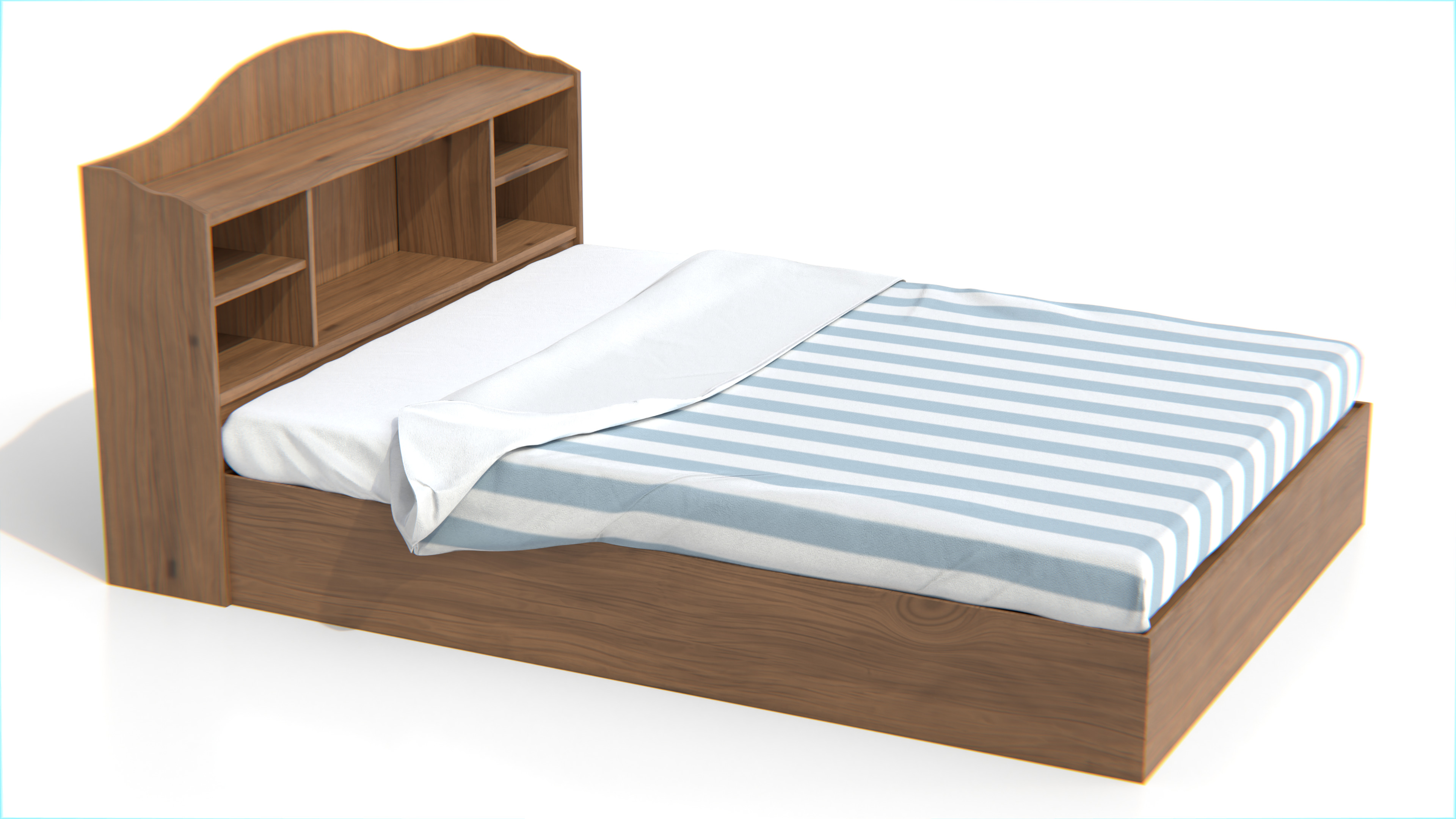 Wooden Bed with Bookshelf Headboard 3D model_2