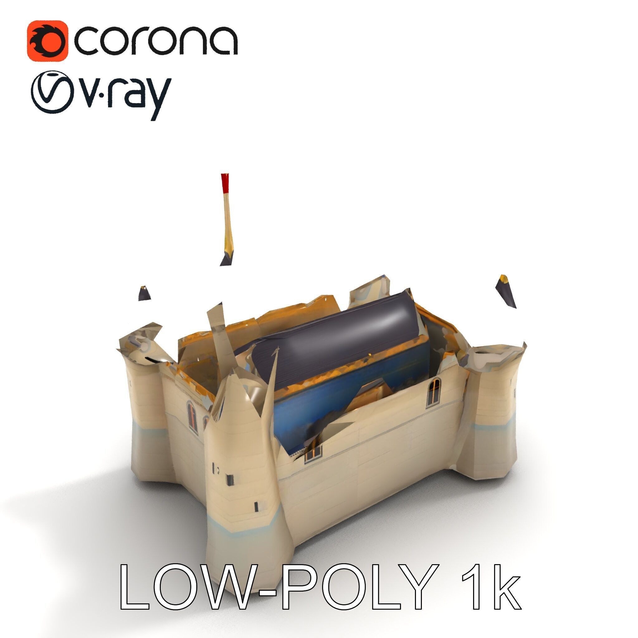 Medieval Castle Model Pack with Towers and Flags Low-poly 3D model_9