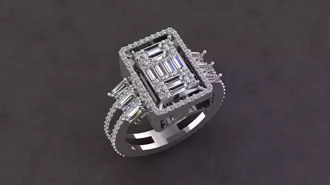 Baguette and Round Stones Brilliant ring 3D print model