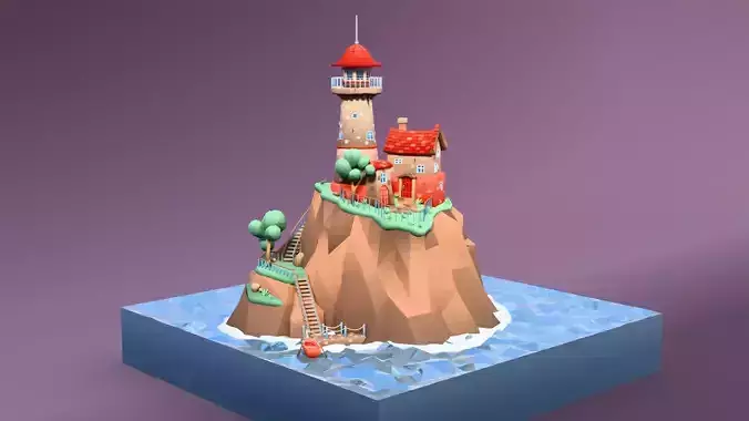 Cartoon low-poly lighthouse on a rocky island
