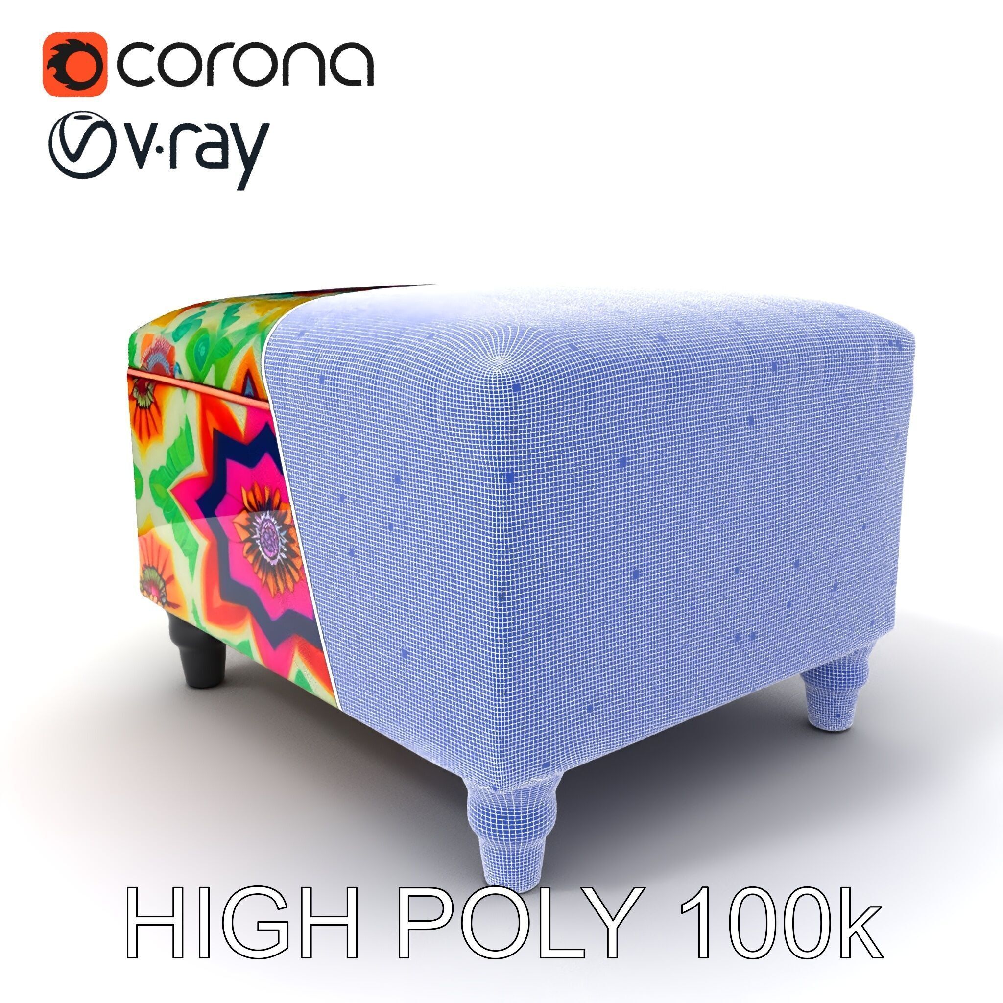 Colorful Ottoman with Floral Pattern model pack Low-poly 3D model_4