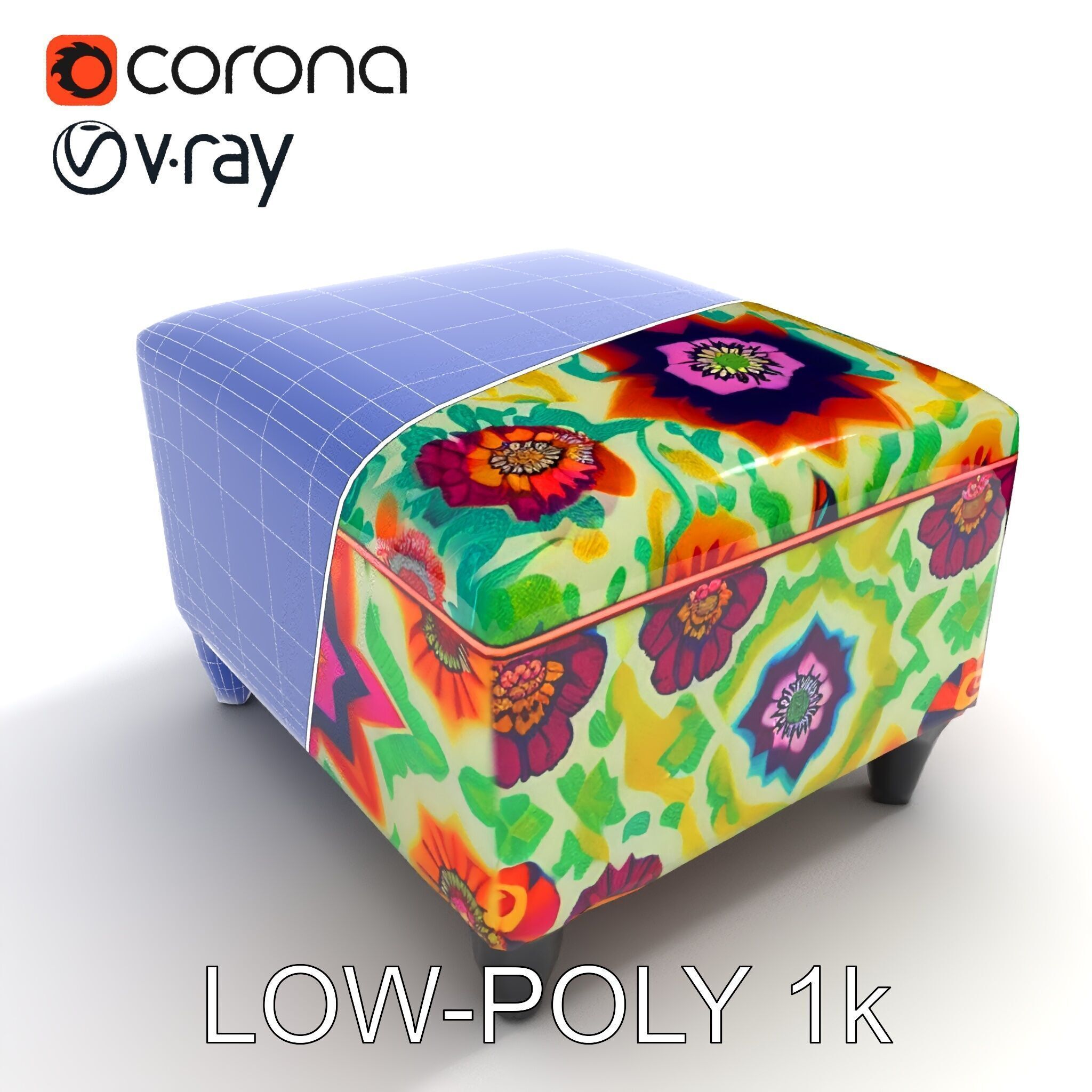 Colorful Ottoman with Floral Pattern model pack Low-poly 3D model_12