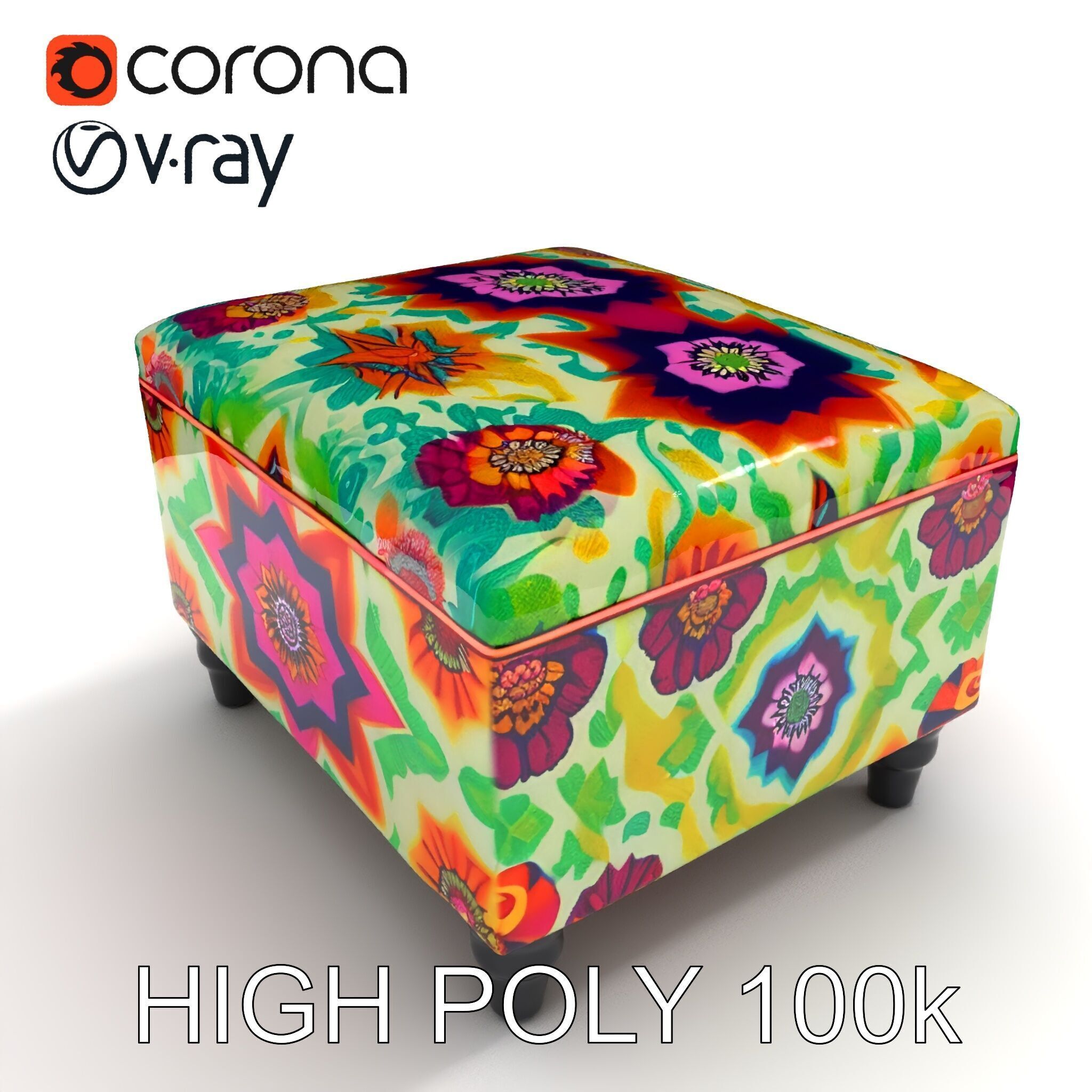 Colorful Ottoman with Floral Pattern model pack Low-poly 3D model_10