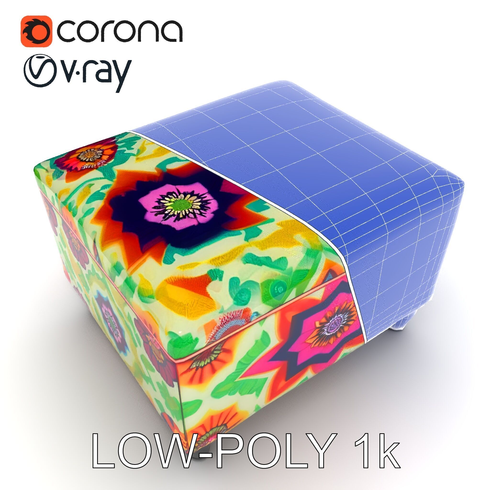 Colorful Ottoman with Floral Pattern model pack Low-poly 3D model_9