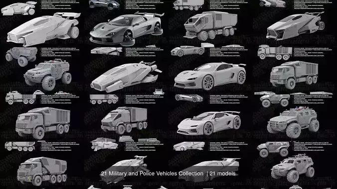 21 Military and Police Vehicles Collection 