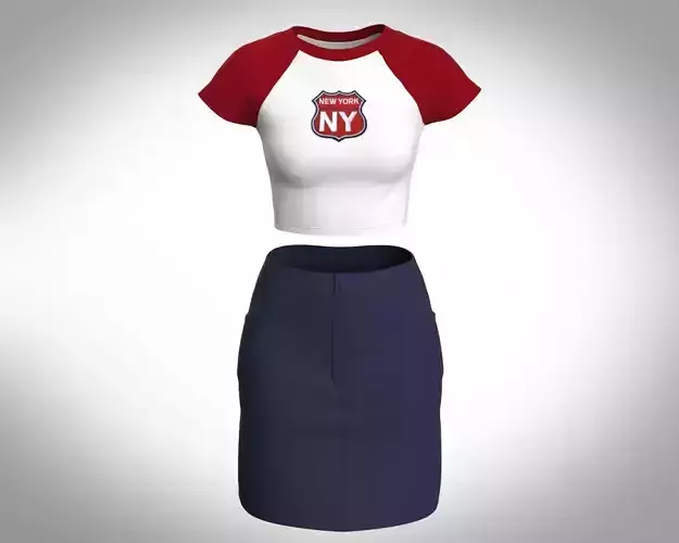 Urban Modern-day Female Fitted Tee and Denim Skirt Set 3D model 3D model