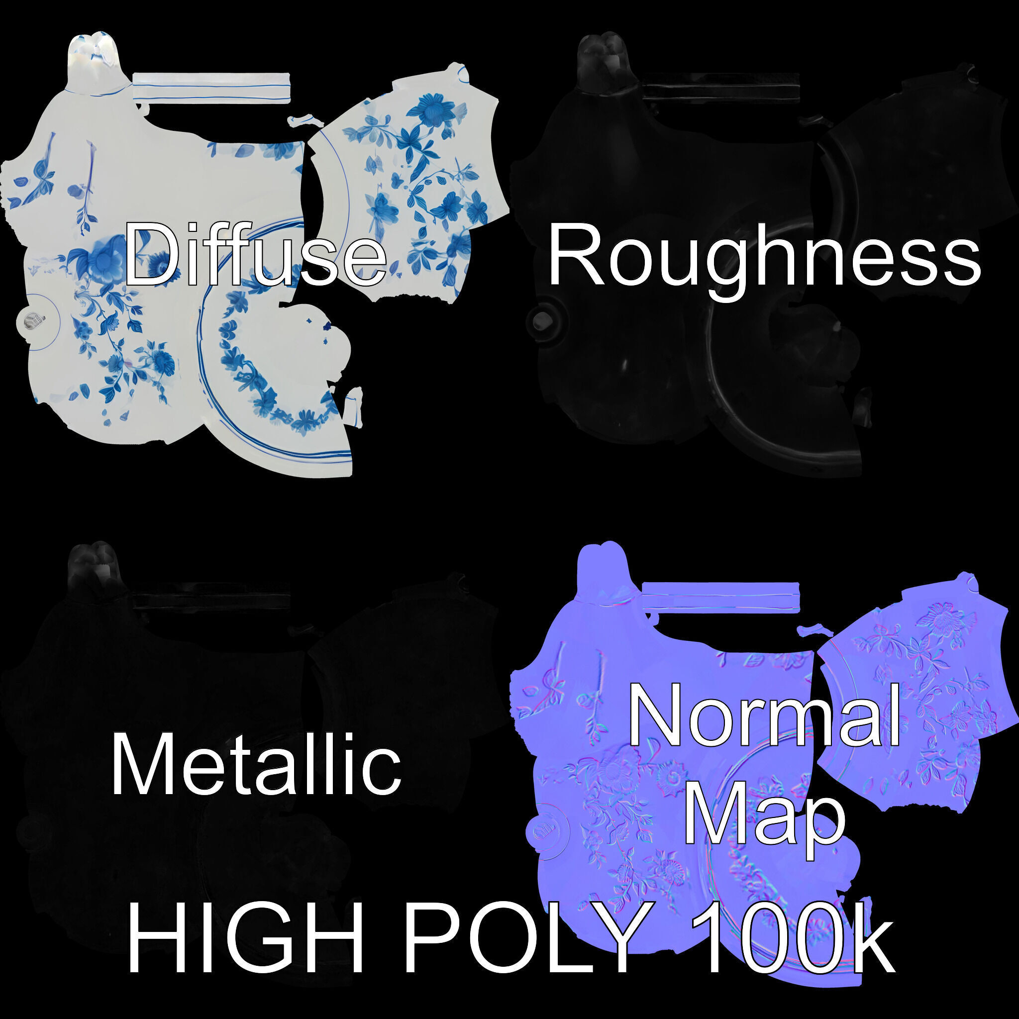 Classic Porcelain Teapot Model Pack with Floral Design Low-poly 3D model_2