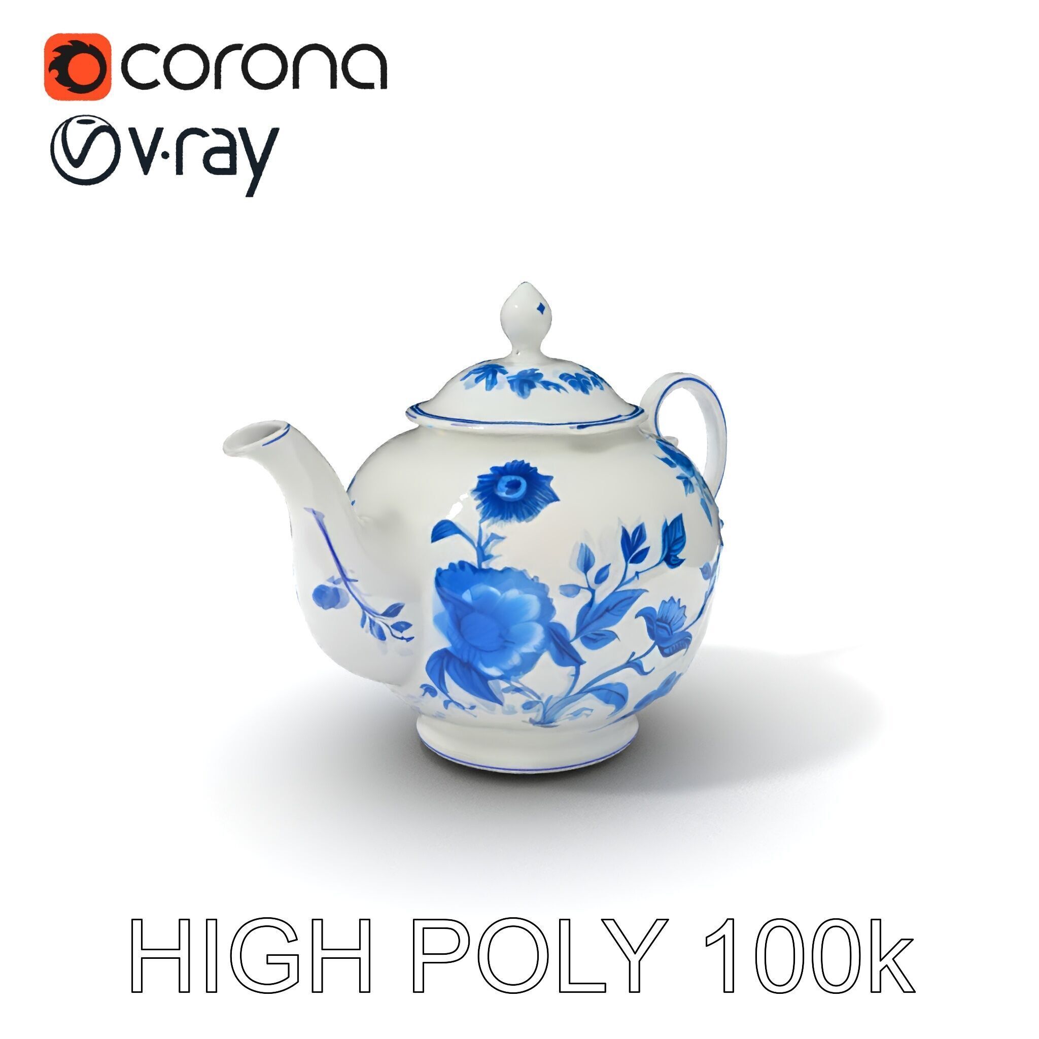 Classic Porcelain Teapot Model Pack with Floral Design Low-poly 3D model_3