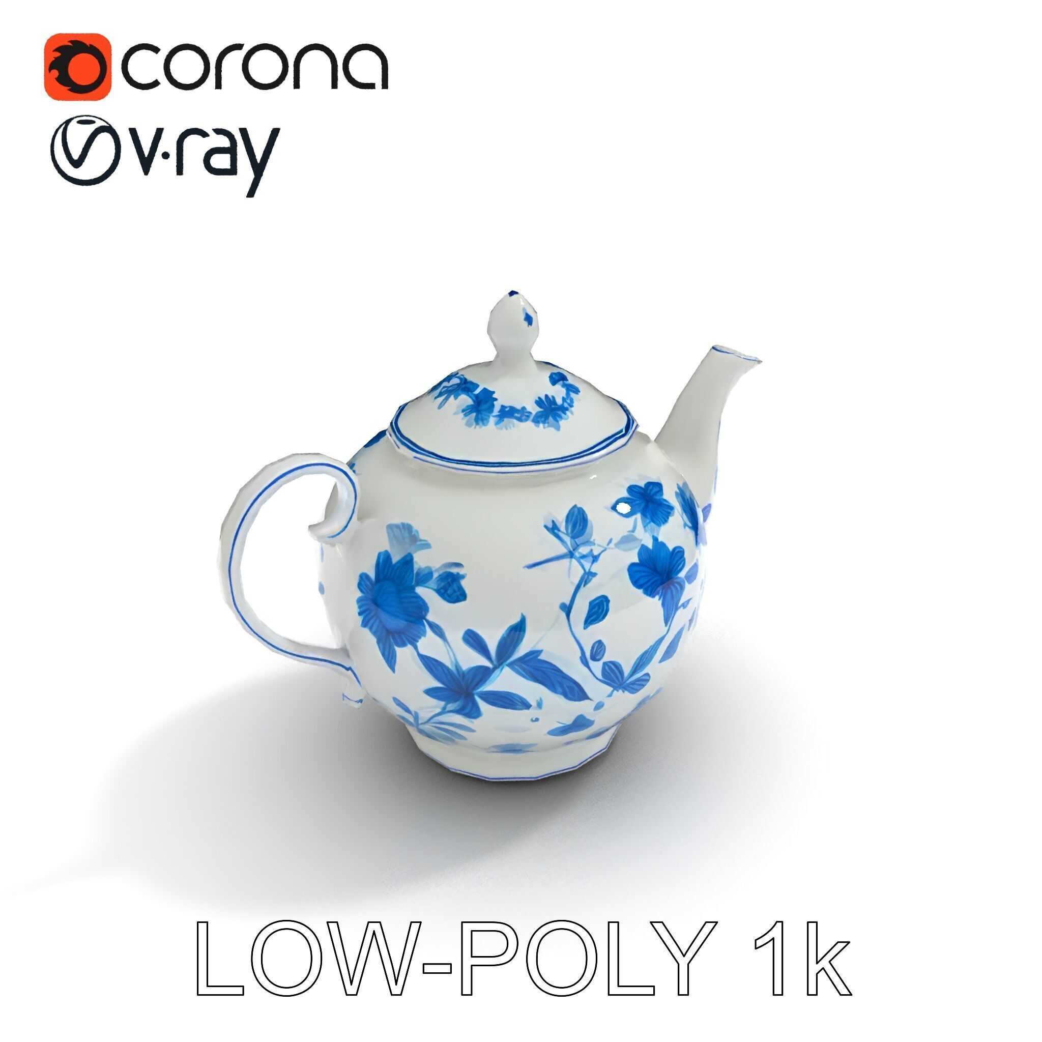 Classic Porcelain Teapot Model Pack with Floral Design Low-poly 3D model_7