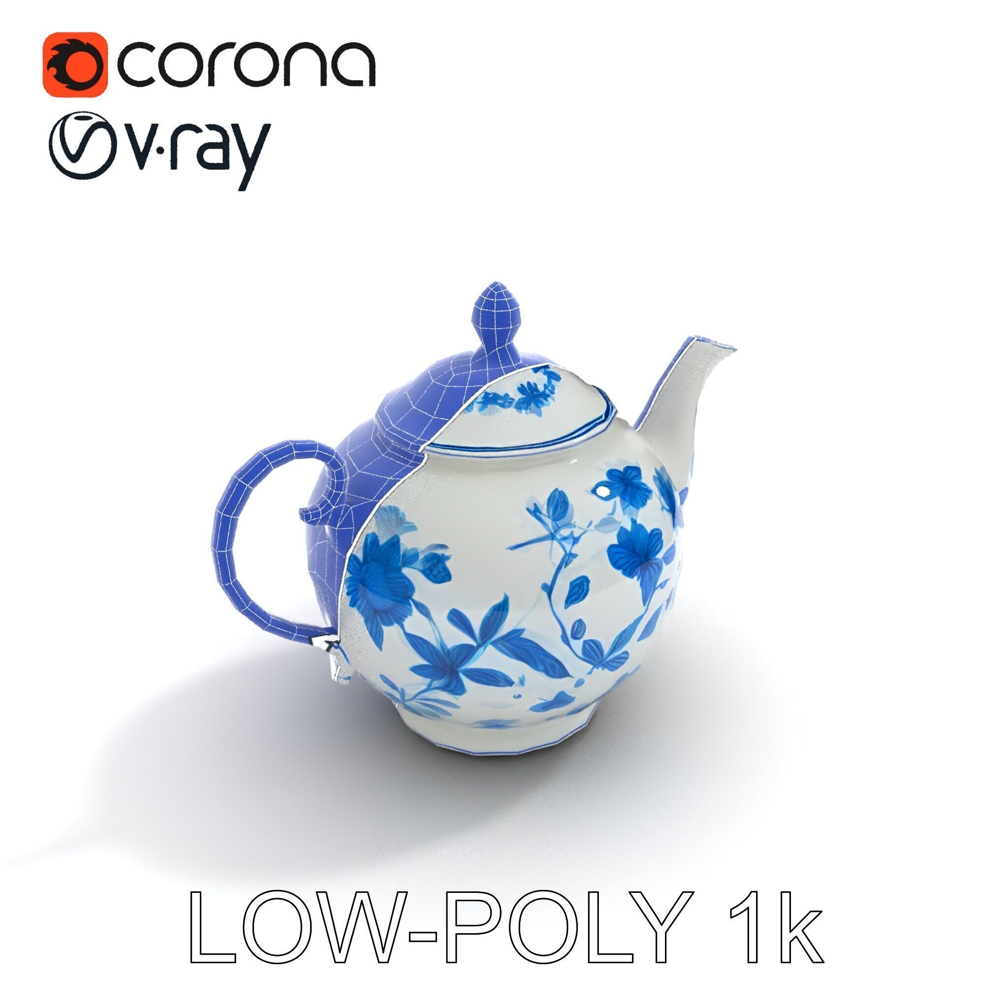 Classic Porcelain Teapot Model Pack with Floral Design Low-poly 3D model_13