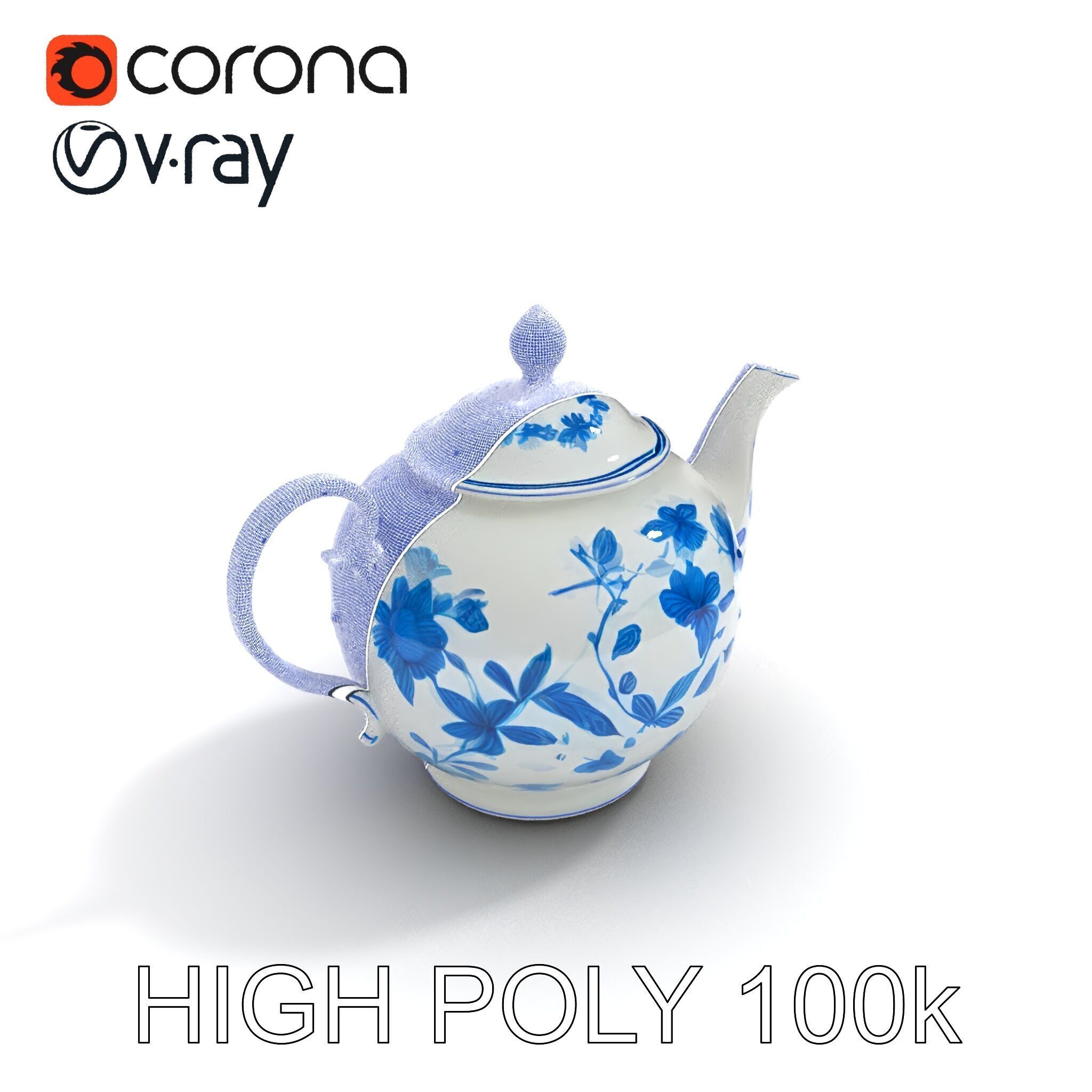 Classic Porcelain Teapot Model Pack with Floral Design Low-poly 3D model_24