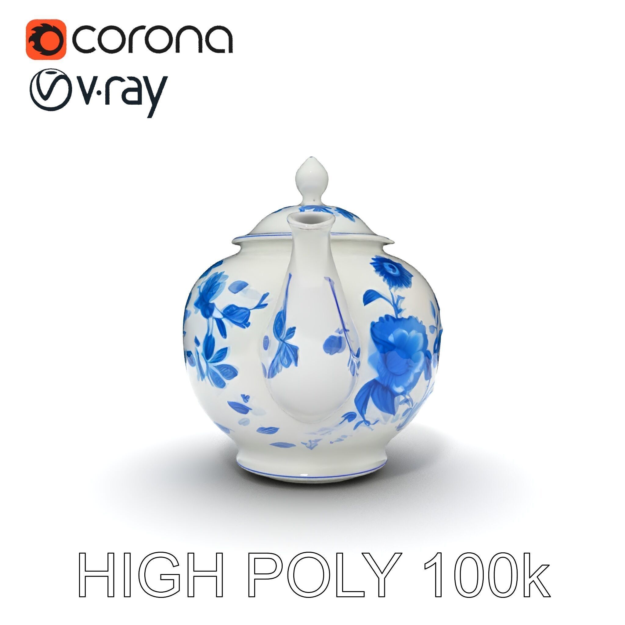 Classic Porcelain Teapot Model Pack with Floral Design Low-poly 3D model_8