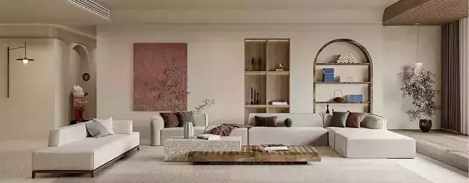 Wabi Sabi Living Room  Modern Style 3D Scenes  Interior Design  | 3D model - 3D model önizlemesi