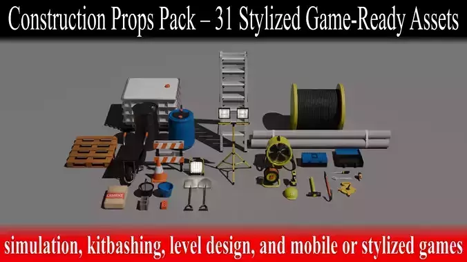 Construction Props Pack - 31 Stylized Game-Ready Assets Low Poly