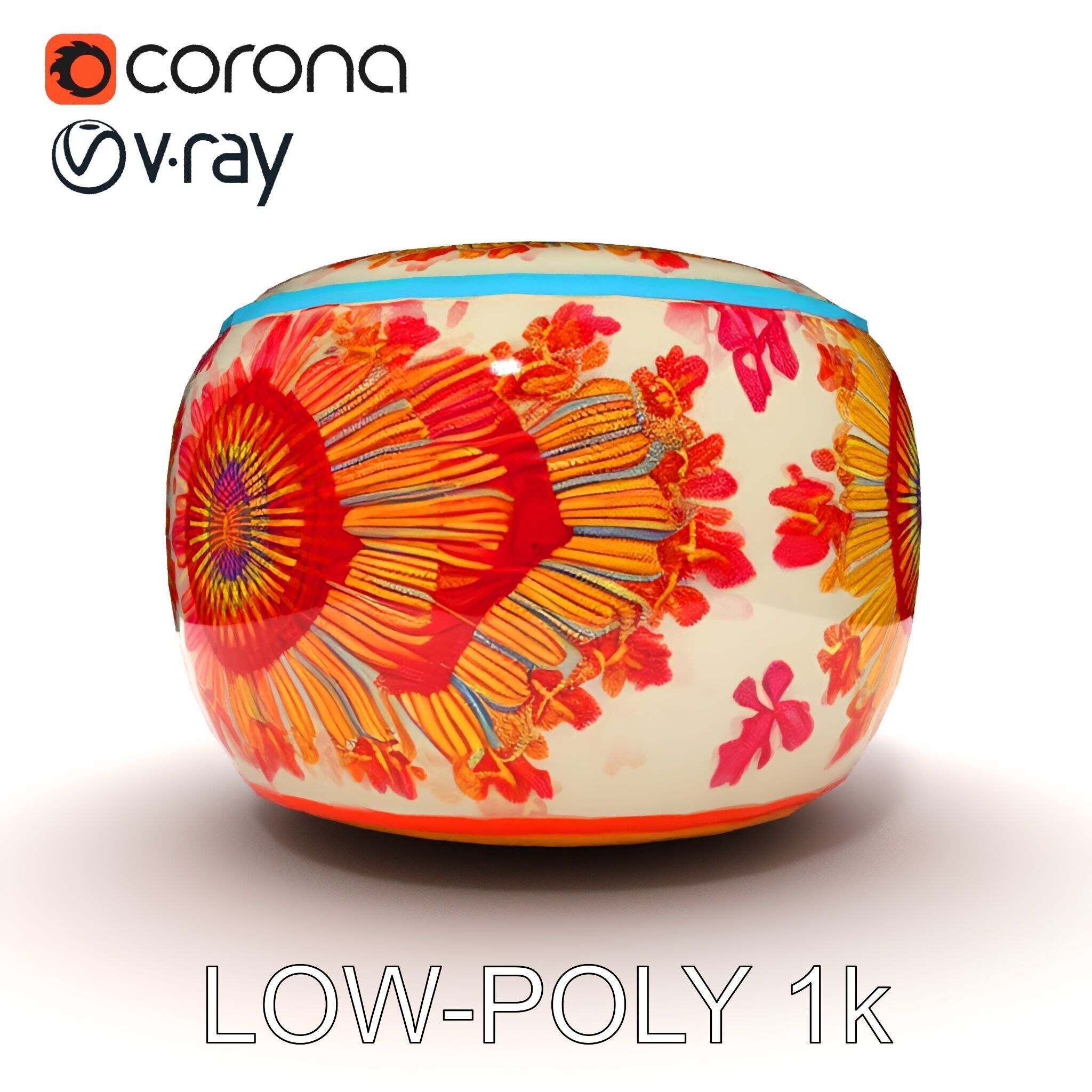 Colorful Embroidered Pouf Model Pack Low-poly 3D model_17