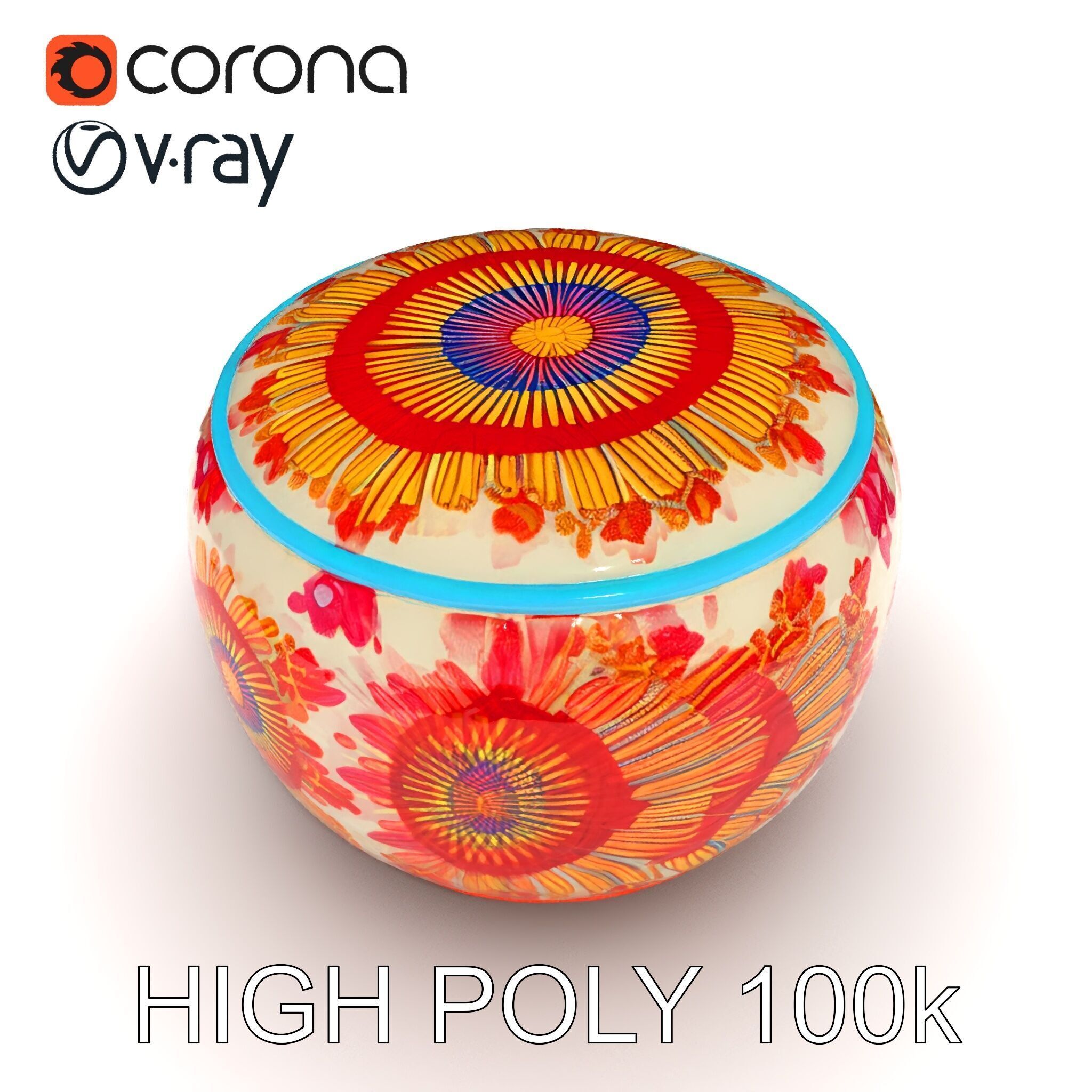 Colorful Embroidered Pouf Model Pack Low-poly 3D model_32
