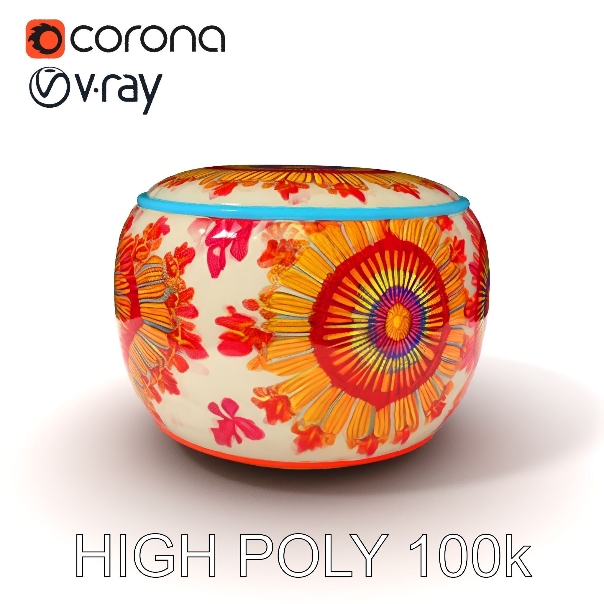 Colorful Embroidered Pouf Model Pack Low-poly 3D model_3