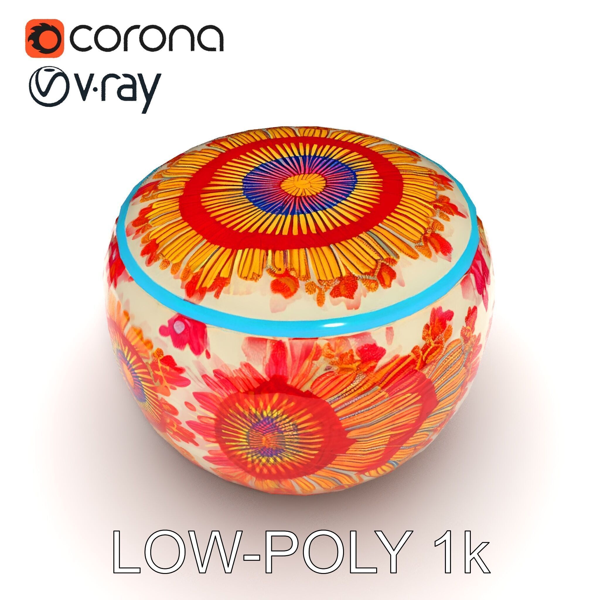 Colorful Embroidered Pouf Model Pack Low-poly 3D model_31