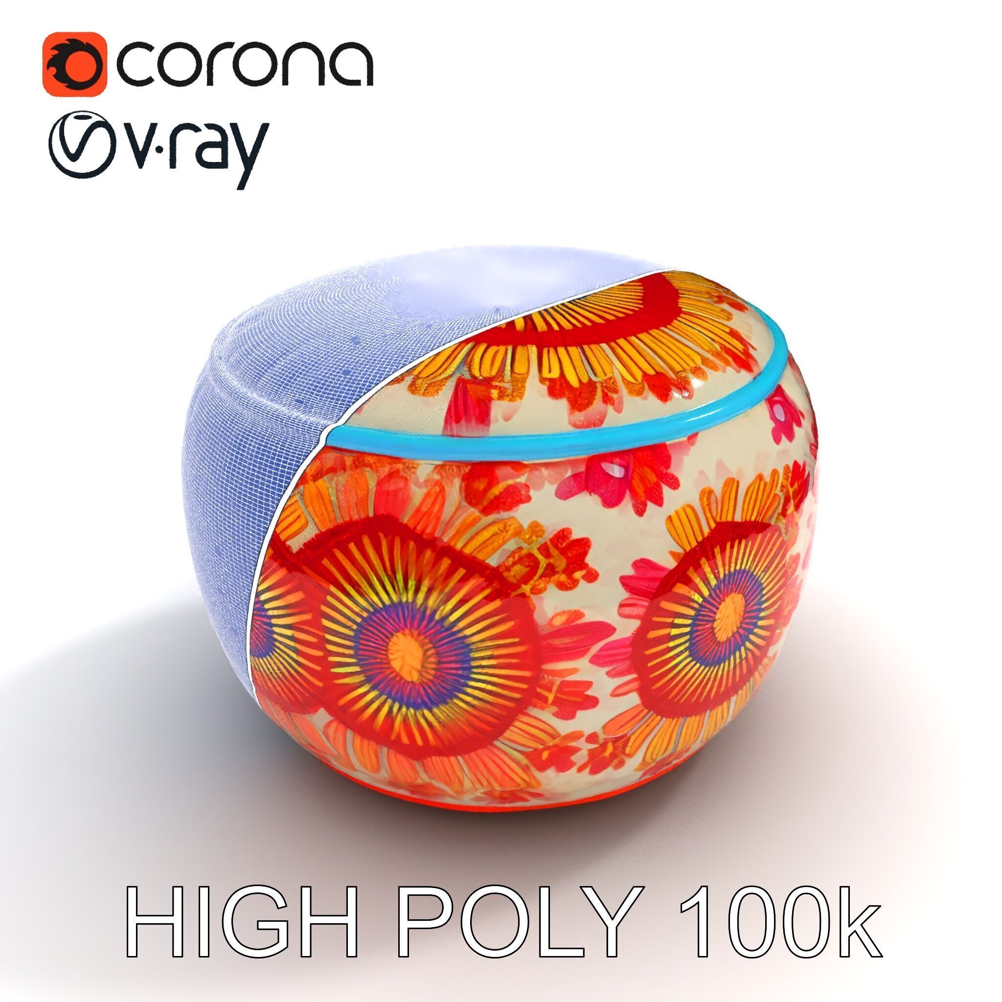 Colorful Embroidered Pouf Model Pack Low-poly 3D model_35