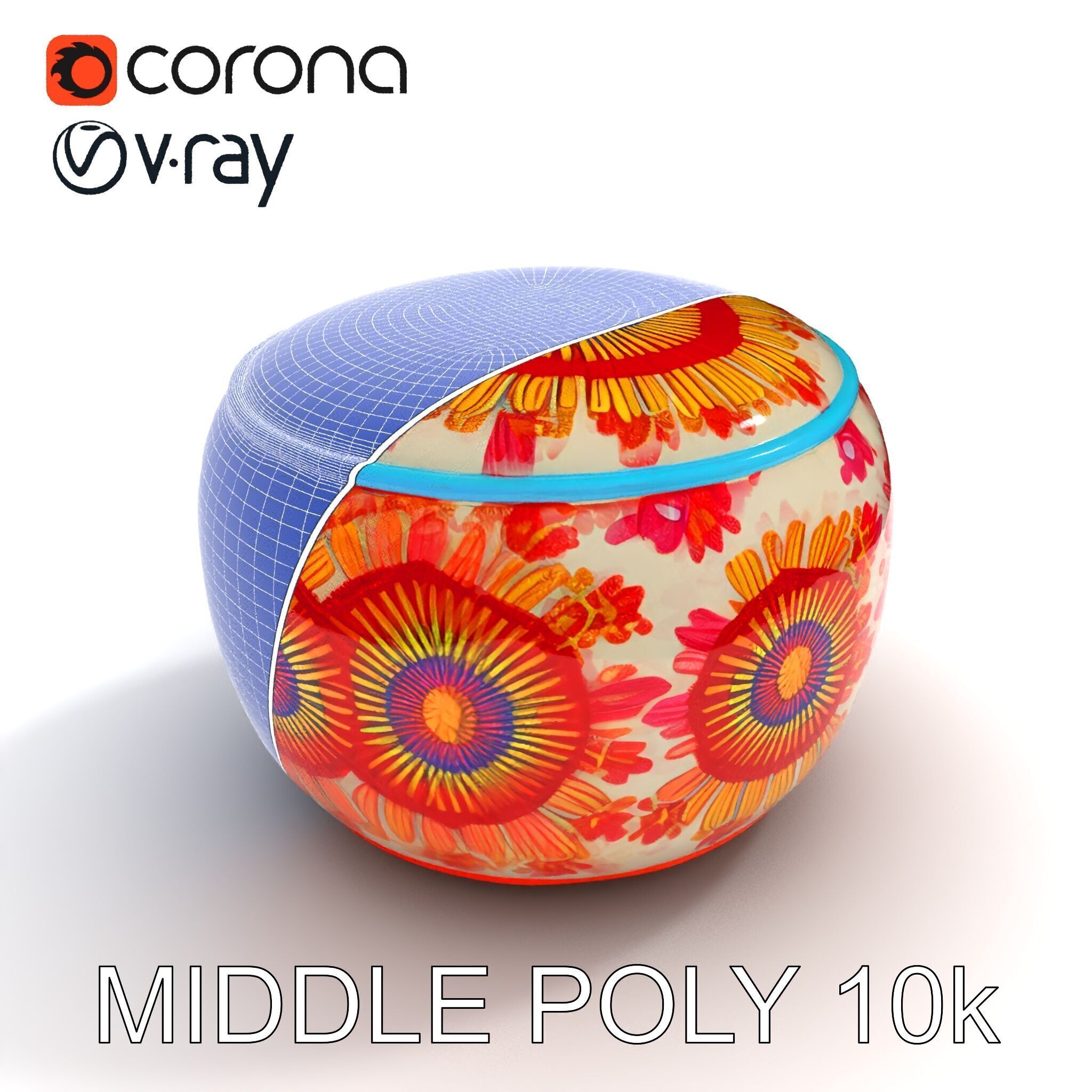 Colorful Embroidered Pouf Model Pack Low-poly 3D model_14
