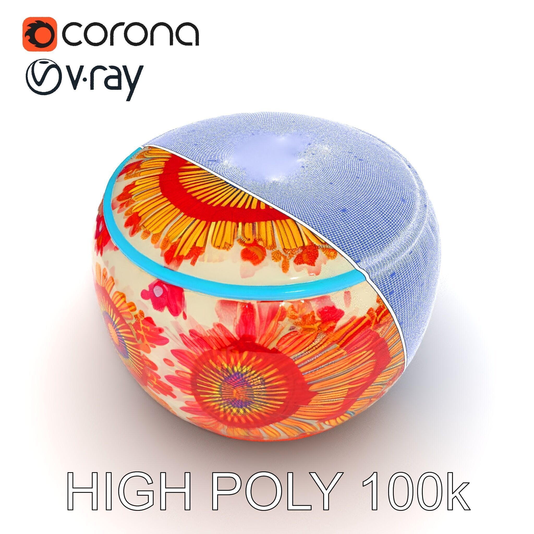 Colorful Embroidered Pouf Model Pack Low-poly 3D model_8