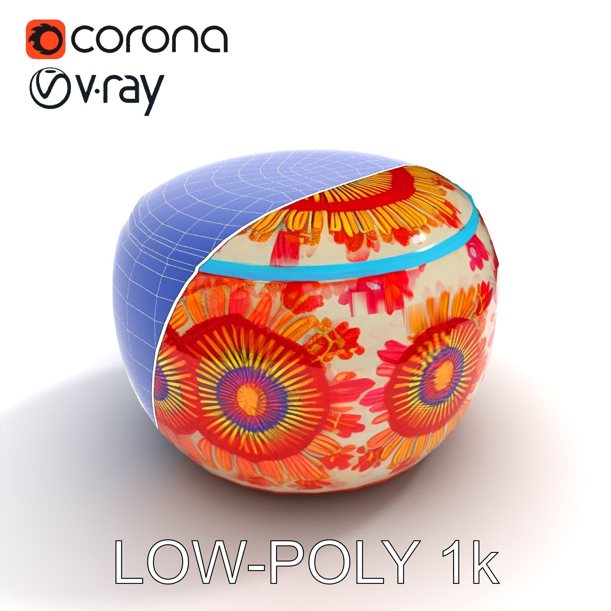 Colorful Embroidered Pouf Model Pack Low-poly 3D model_28