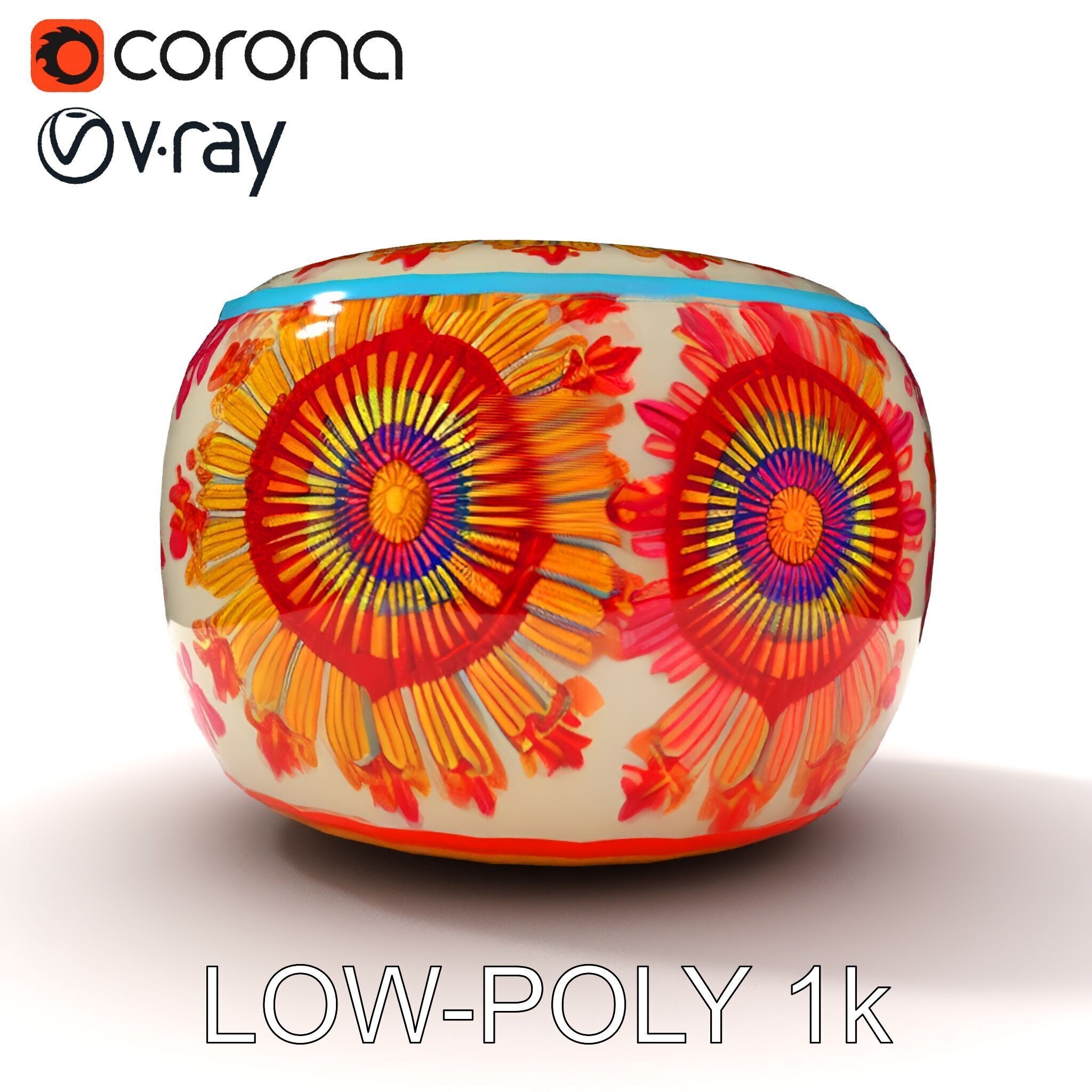 Colorful Embroidered Pouf Model Pack Low-poly 3D model_22