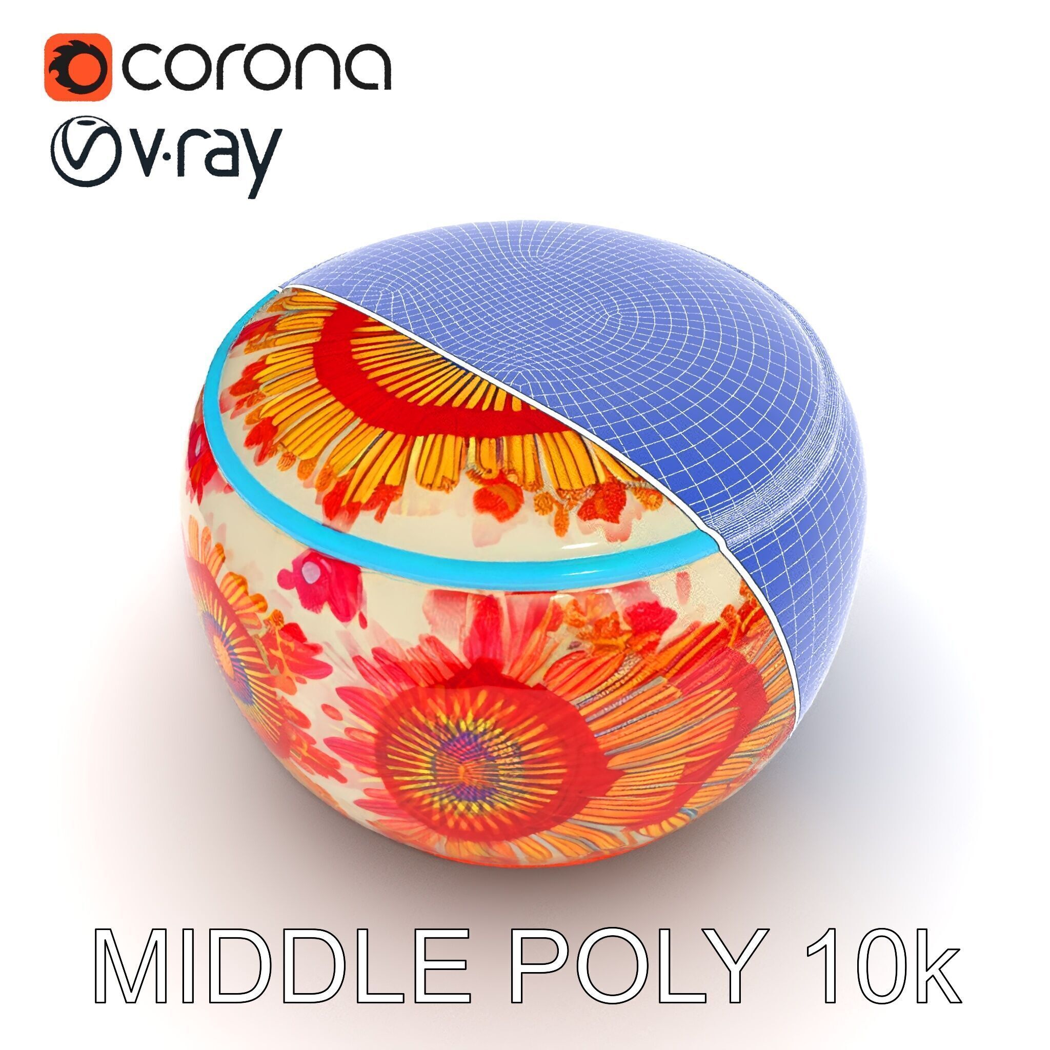 Colorful Embroidered Pouf Model Pack Low-poly 3D model_6
