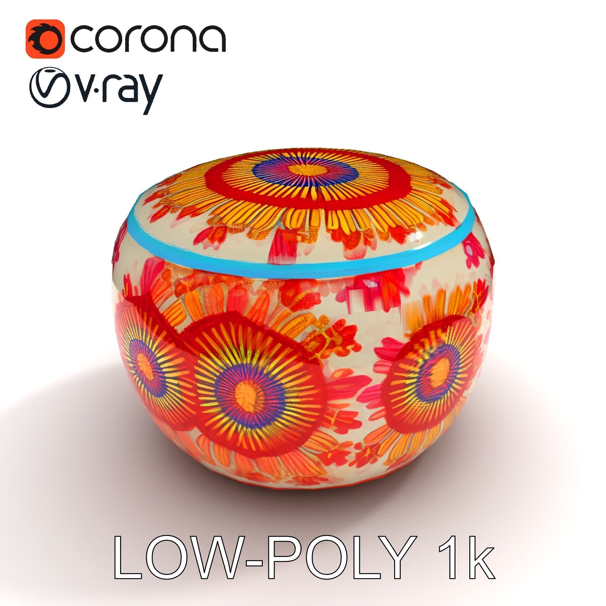 Colorful Embroidered Pouf Model Pack Low-poly 3D model_34