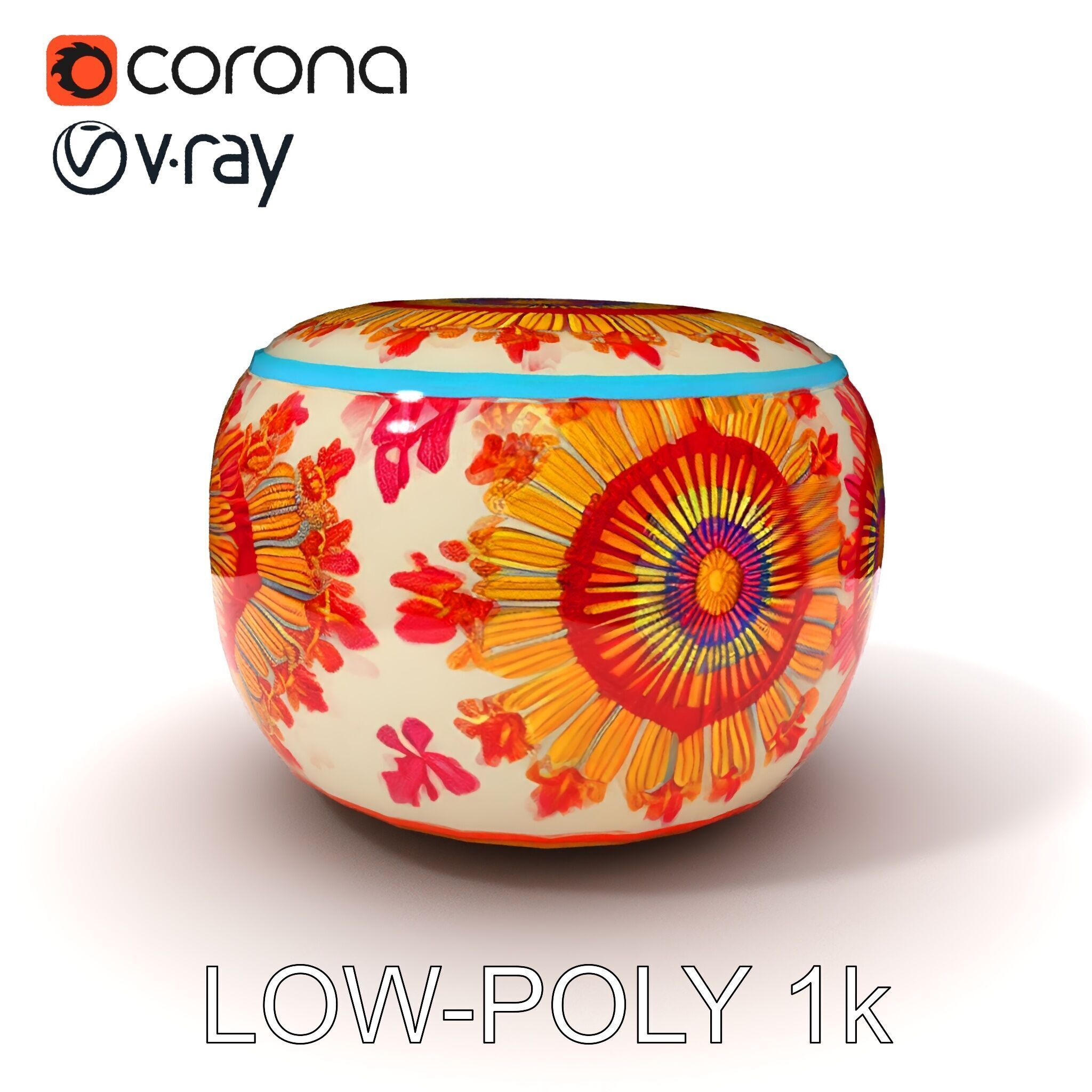 Colorful Embroidered Pouf Model Pack Low-poly 3D model_20