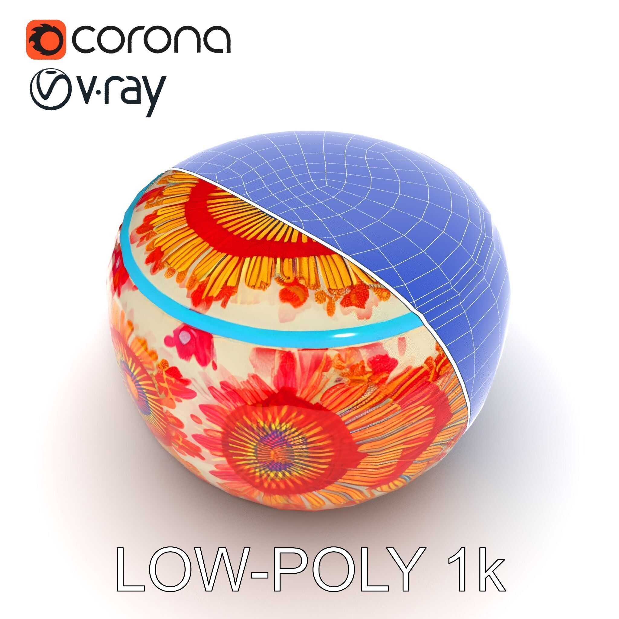 Colorful Embroidered Pouf Model Pack Low-poly 3D model_12