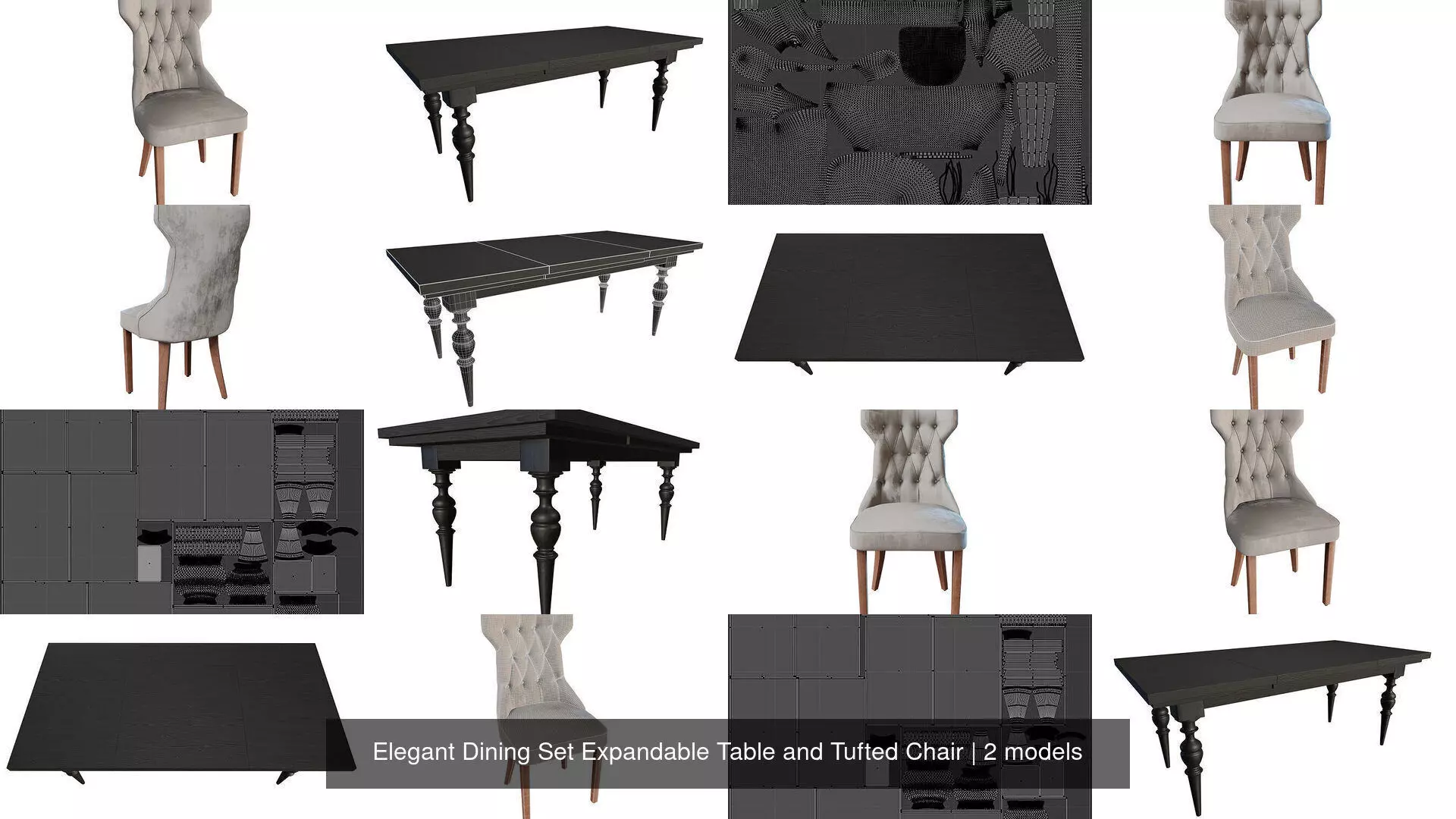 Elegant Dining Set Expandable Table and Tufted Chair 3D Model Collection_0