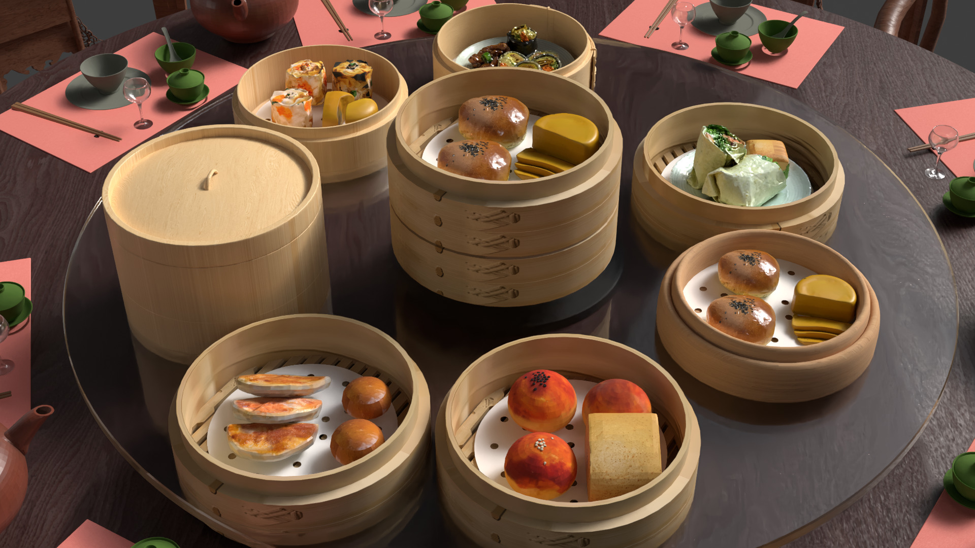 Chinese  dim-sum bamboo steamer table  3D model_5