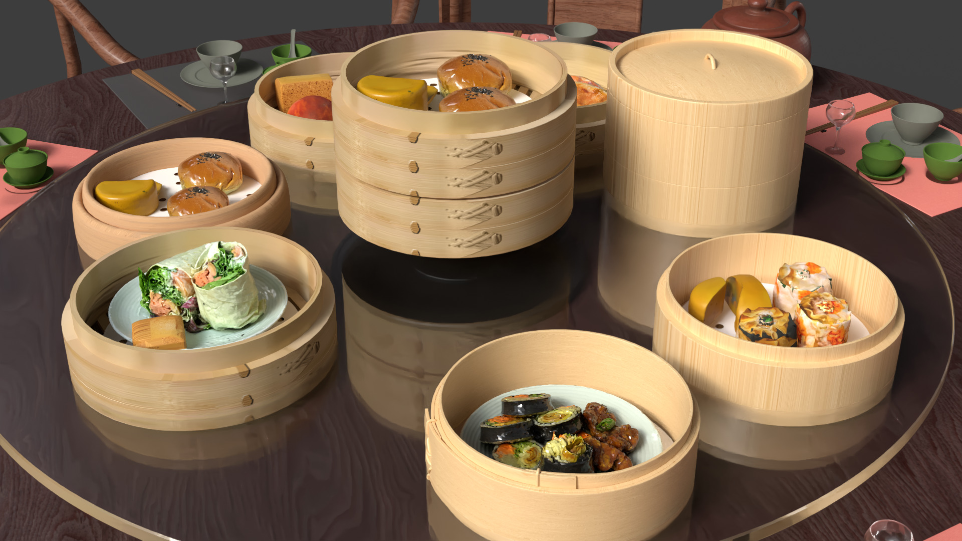 Chinese  dim-sum bamboo steamer table  3D model_2