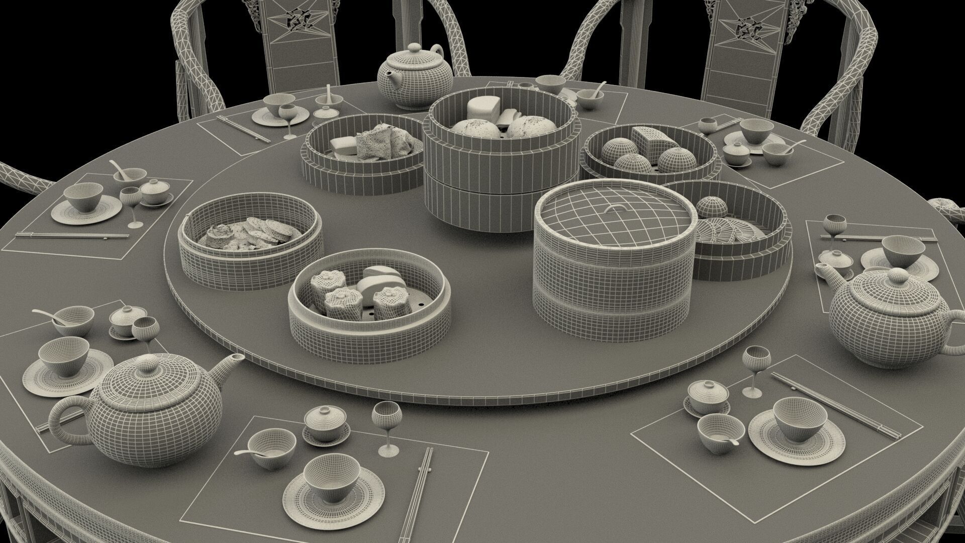 Chinese  dim-sum bamboo steamer table  3D model_7