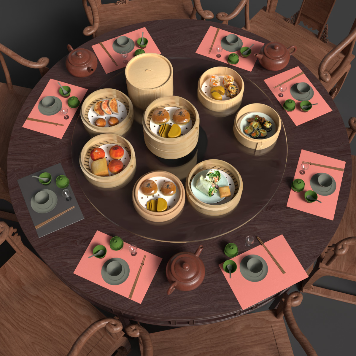 Chinese  dim-sum bamboo steamer table  3D model_6