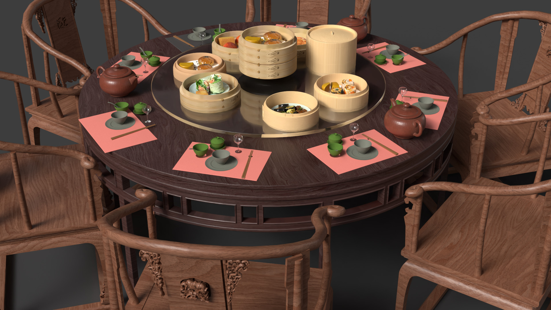 Chinese  dim-sum bamboo steamer table  3D model_3