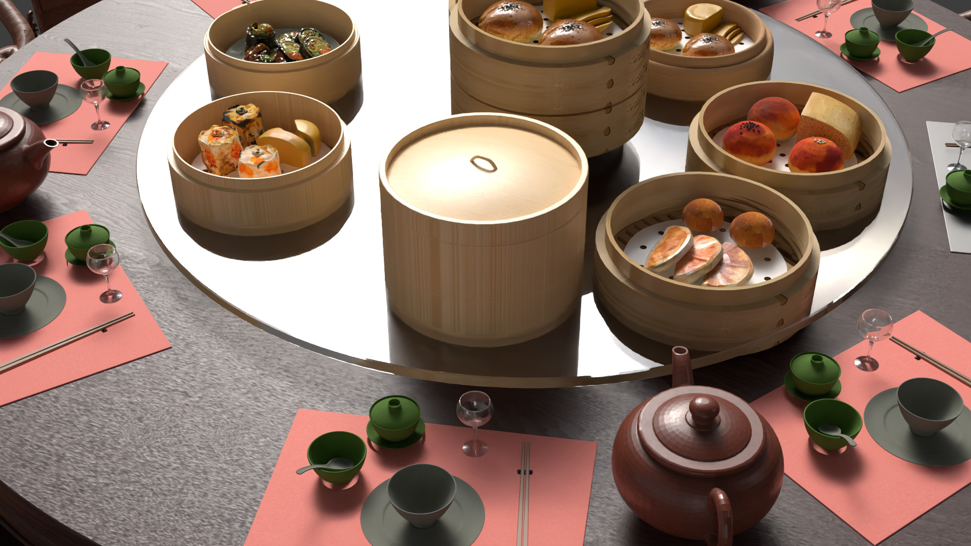 Chinese  dim-sum bamboo steamer table  3D model_4