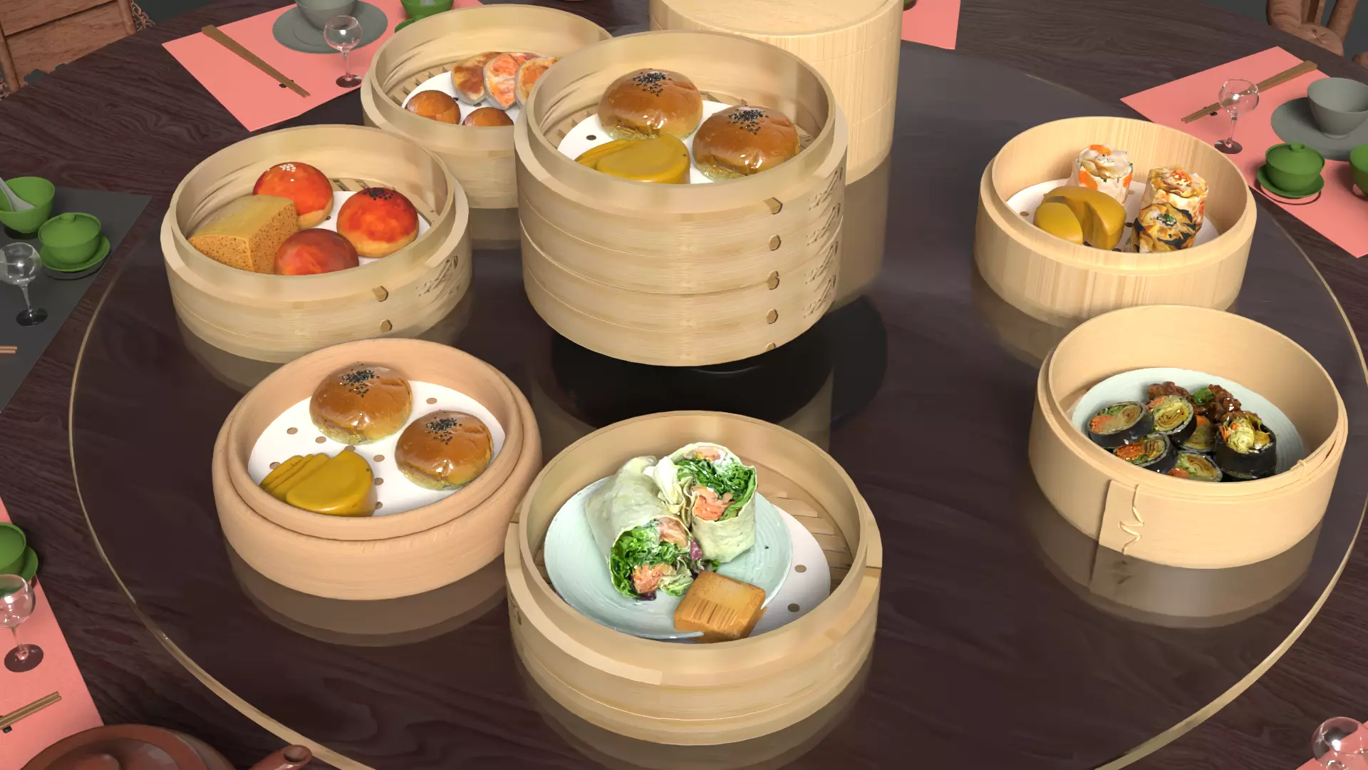 Chinese  dim-sum bamboo steamer table  3D model_0