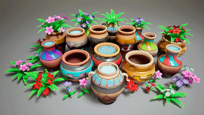 Stylized Flowers Pots Low-poly 3D model