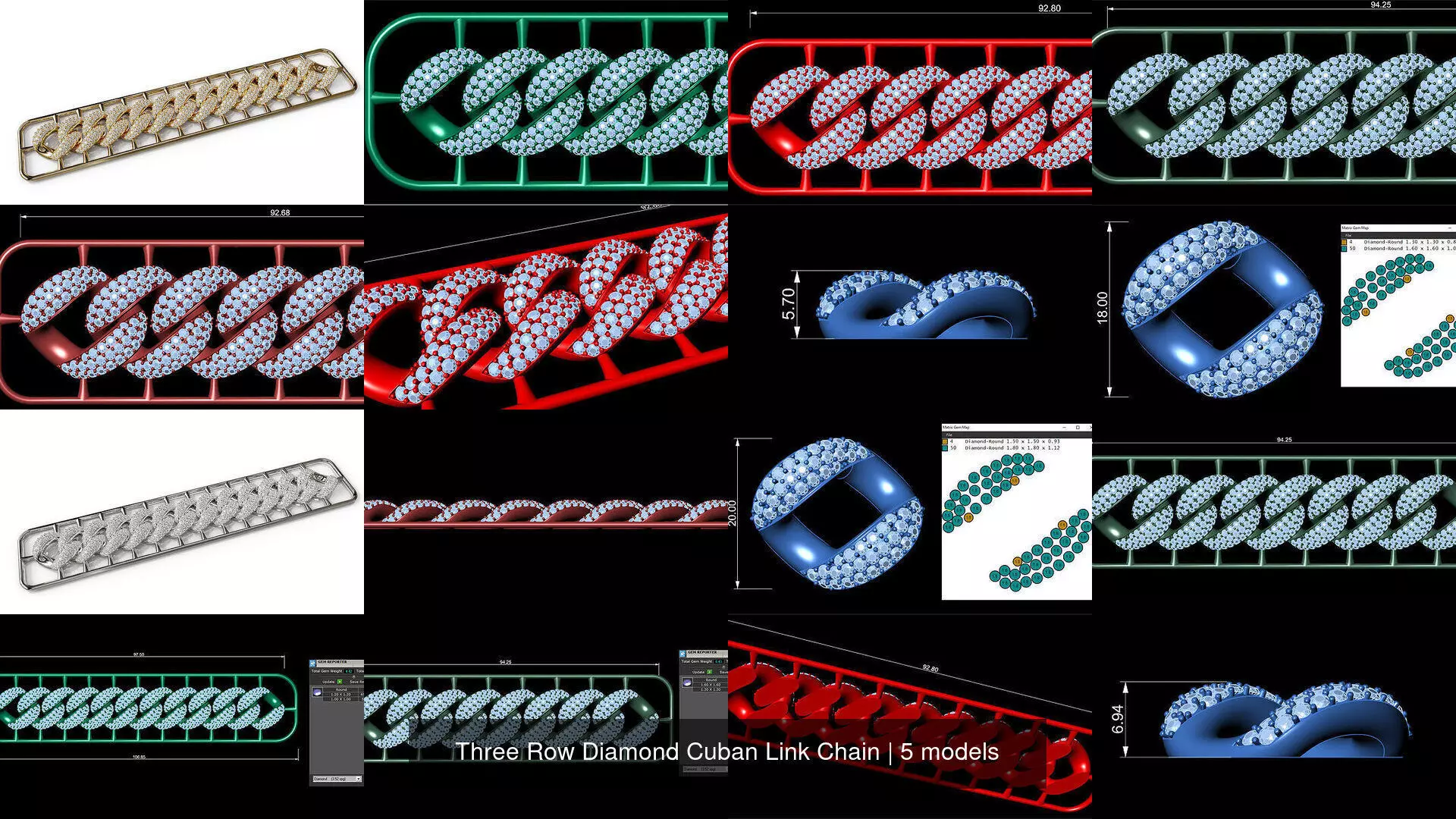 Three Row Diamond Cuban Link Chain 3D Model Collection_0