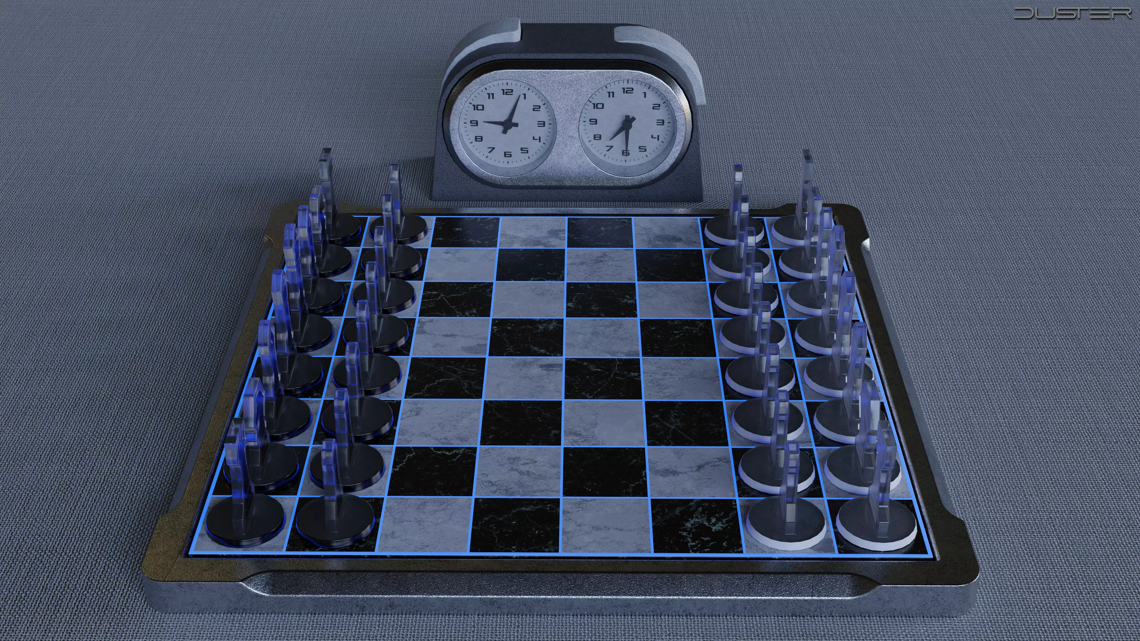 Modern Chess Set and Clock Low-poly 3D model_0