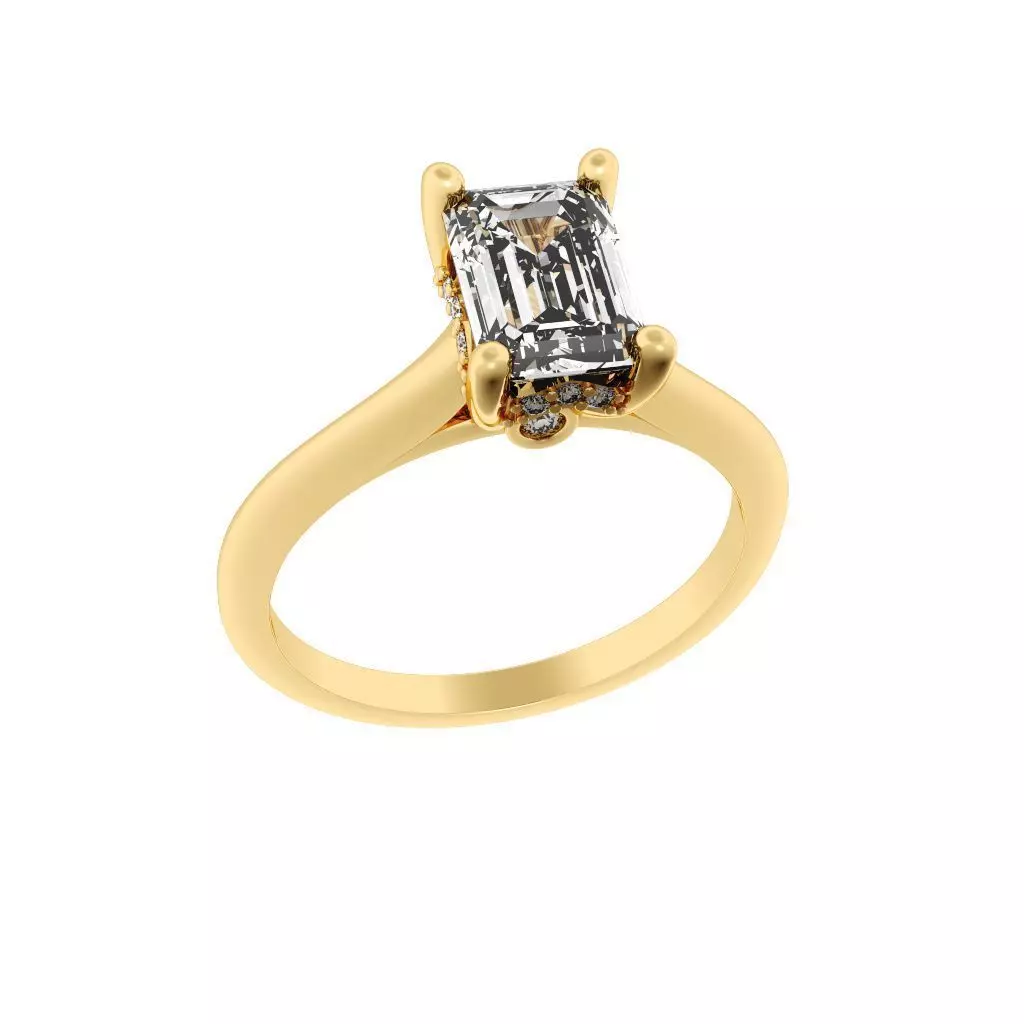 Emerald Cut Hidden Halo Engagement Ring 3D print model_0