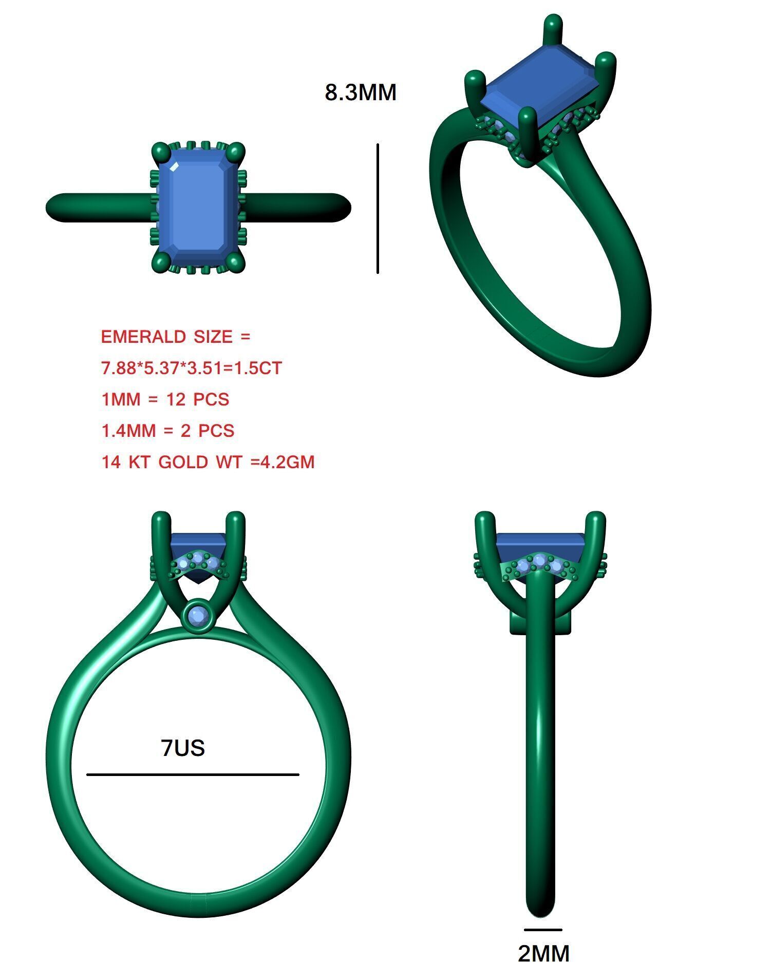 Emerald Cut Hidden Halo Engagement Ring 3D print model_12