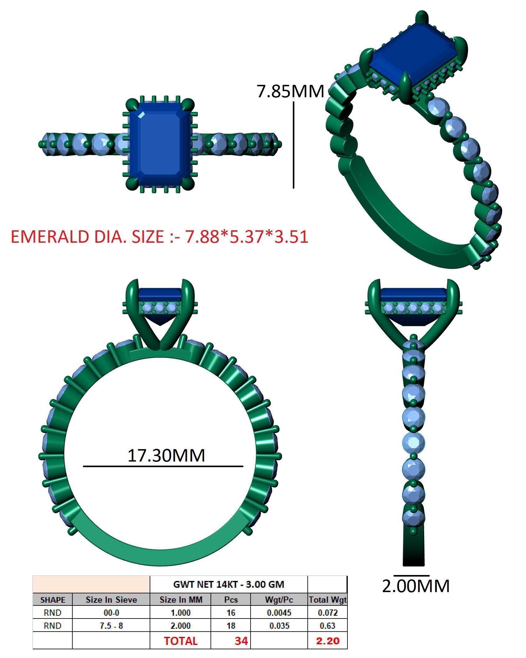 EMERALD Cut Hidden Halo Engagement Ring 3D print model_12