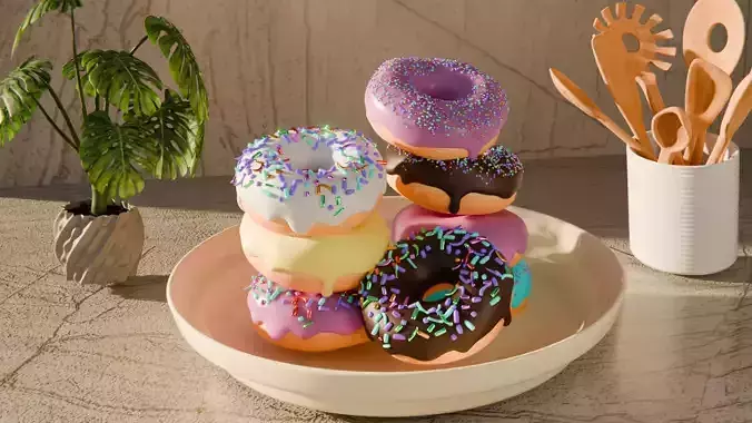Realistic Donuts Pile on Plate 3D Model Food Visualization