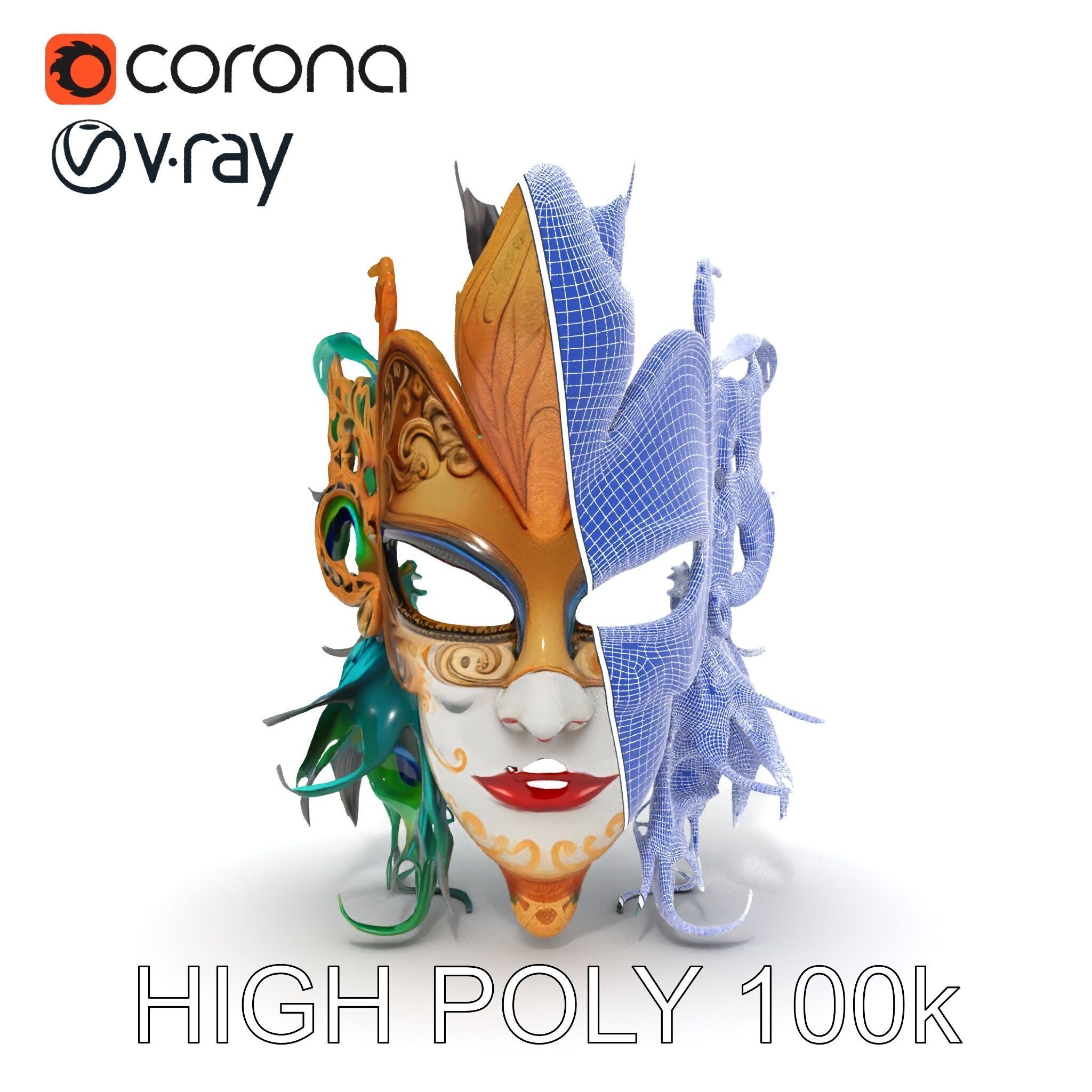 Intricate Venetian Carnival Mask Model Pack Low-poly 3D model_34