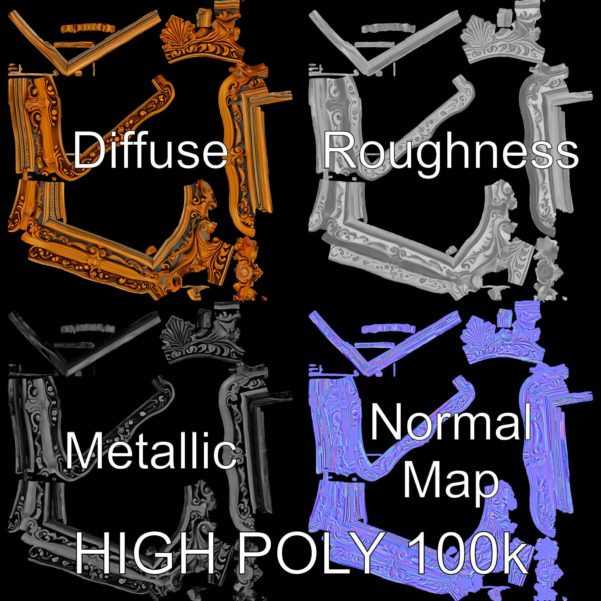 Baroque Ornate Mirror Frame Model Pack Low-poly 3D model_2